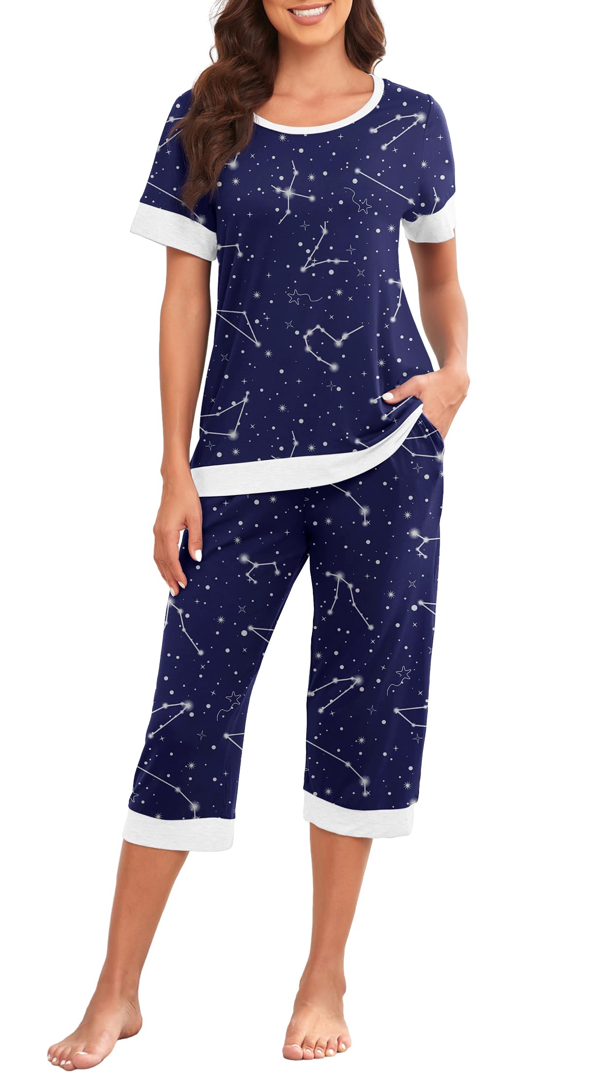 PrinStory Women's Pajama Set Short Sleeve Shirt and Capri Pants Sleepwear Pjs Sets Lounge Set WEBE CLOTHING