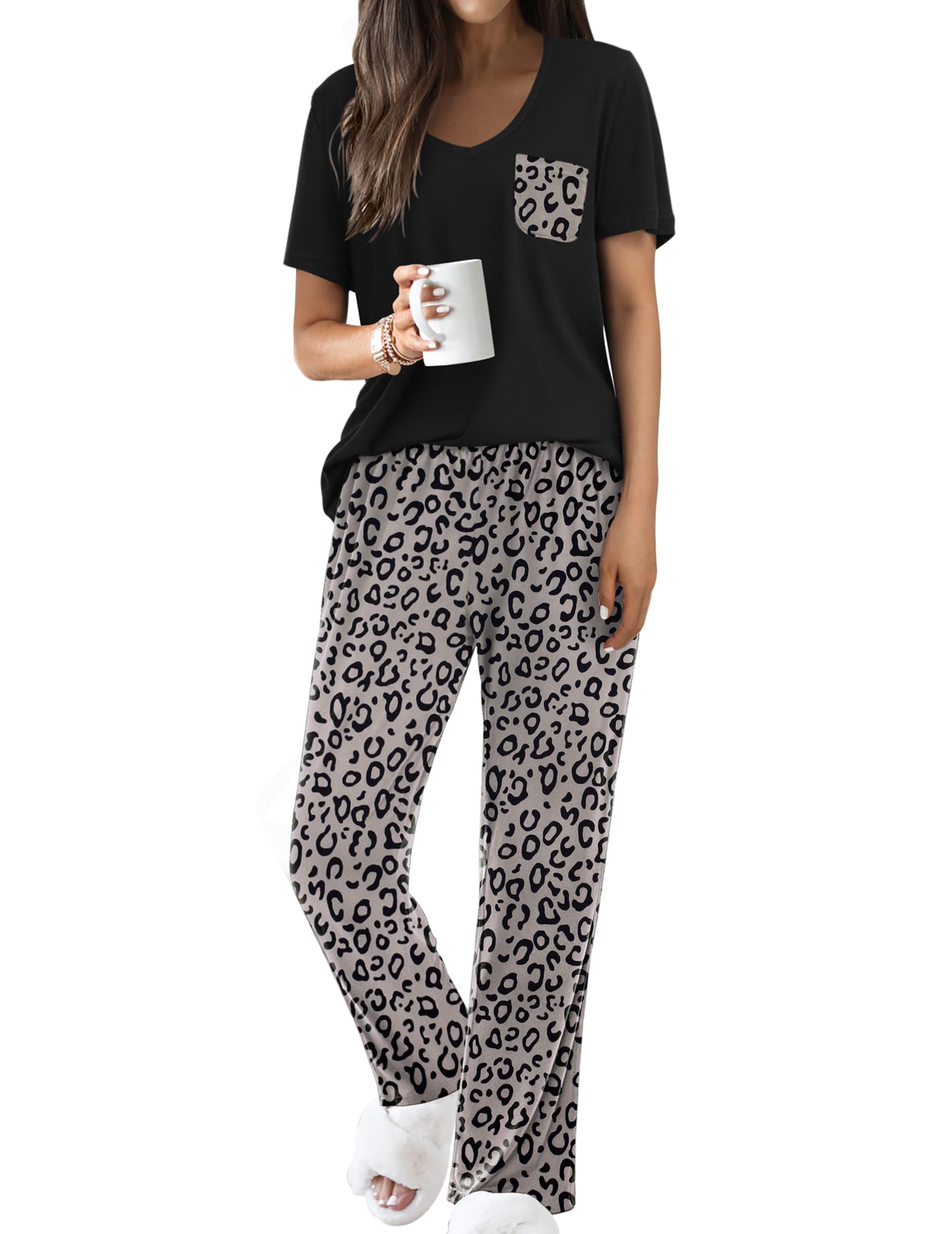 Ekouaer Pajama Sets for Women Short Sleeve Pj Set V Neck Sleepwear Chest Pocket with Long Pants Casual Loose Loungewear WEBE CLOTHING