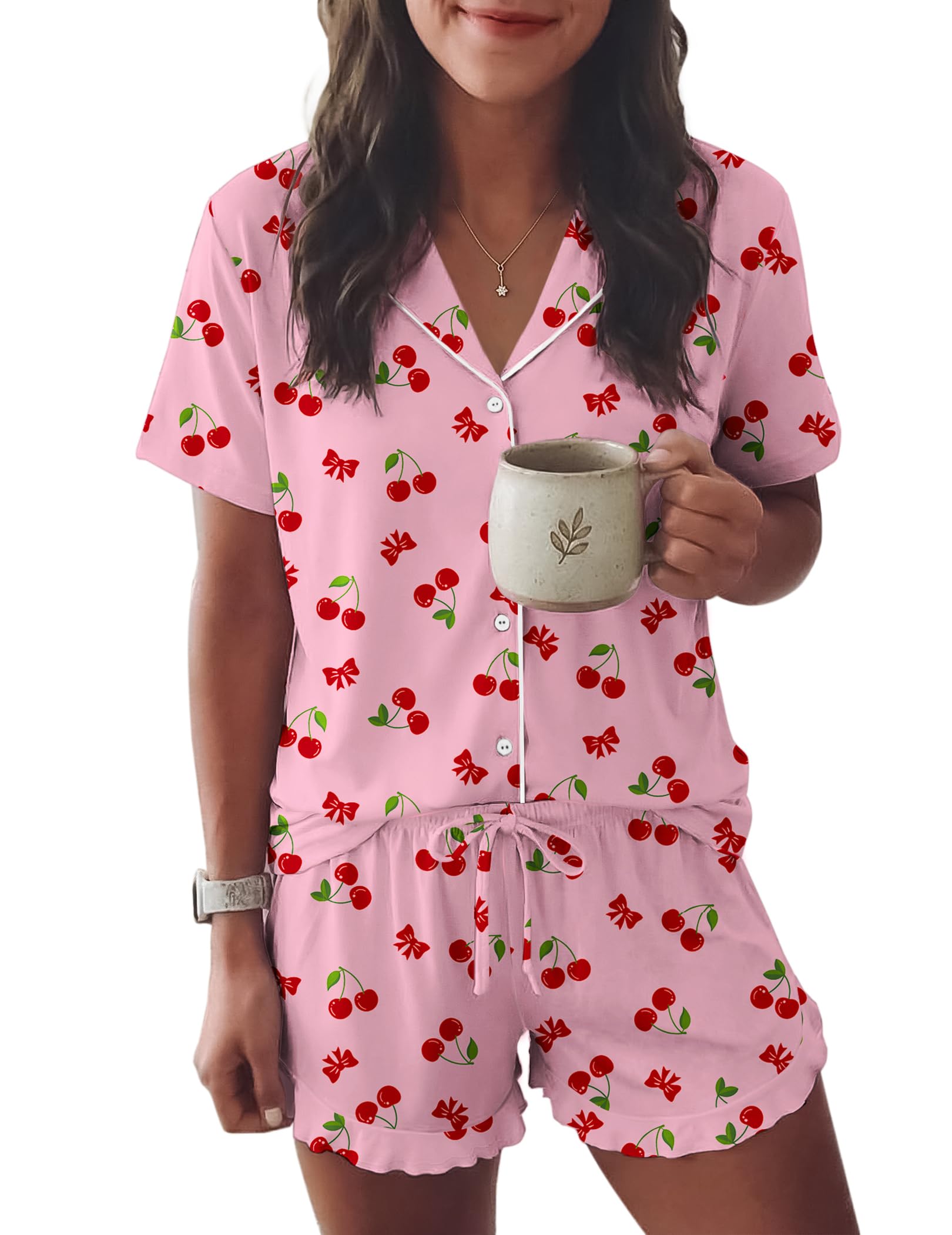 Ekouaer Womens Pajama Sets Button Down Short Sleeve Top and Shorts Cute Ruffled Pjs Sets Sleepwear
