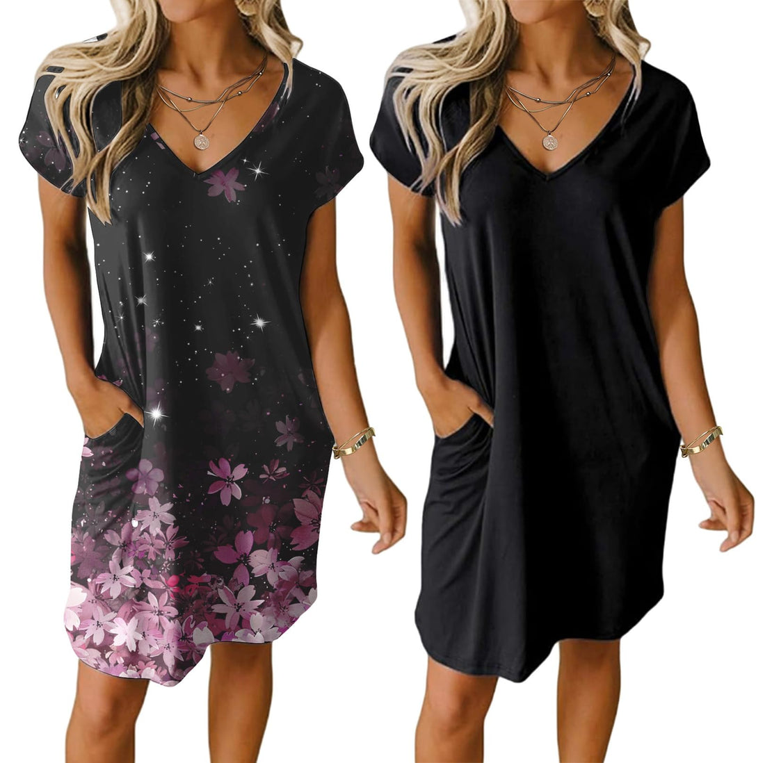 Ekouaer Womens 2 Pack Nightgown V Neck Sleepshirt Short Sleeve Nightshirt Plain/Floral Pajama Dress with Pockets