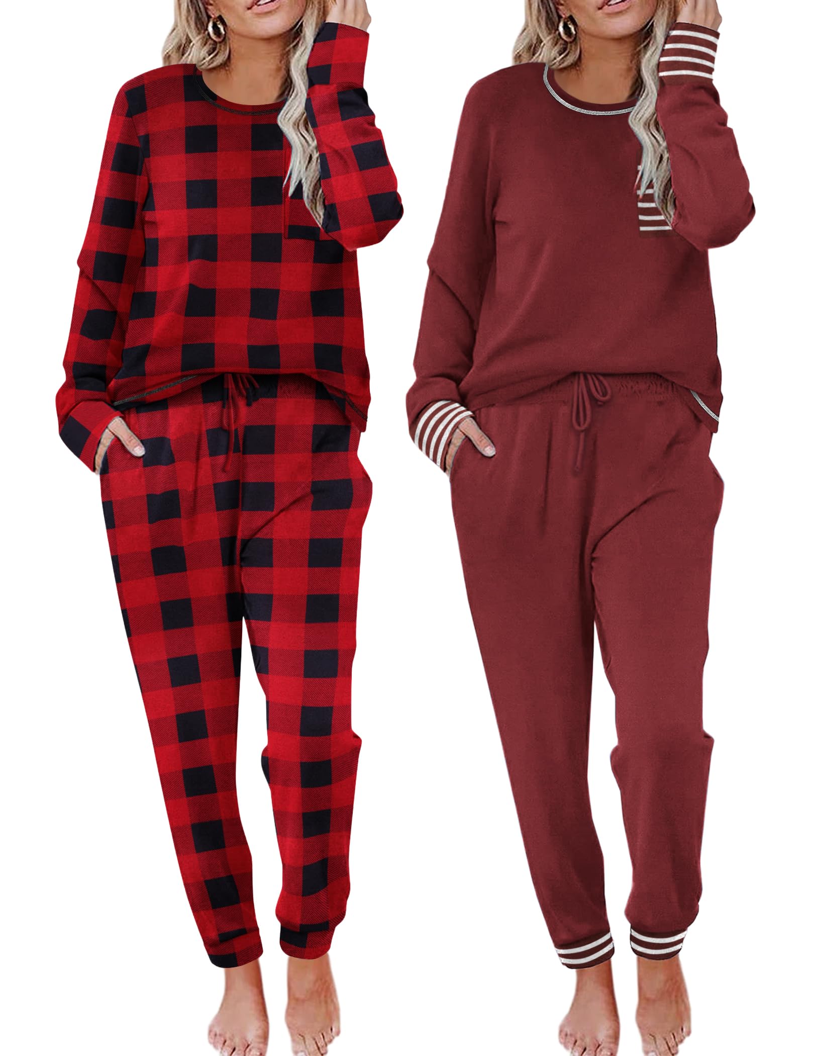 Ekouaer 2 Pack Womens Pajama Sets Long Sleeve Lounge Sets Soft Pj Sleepwear Loungewear