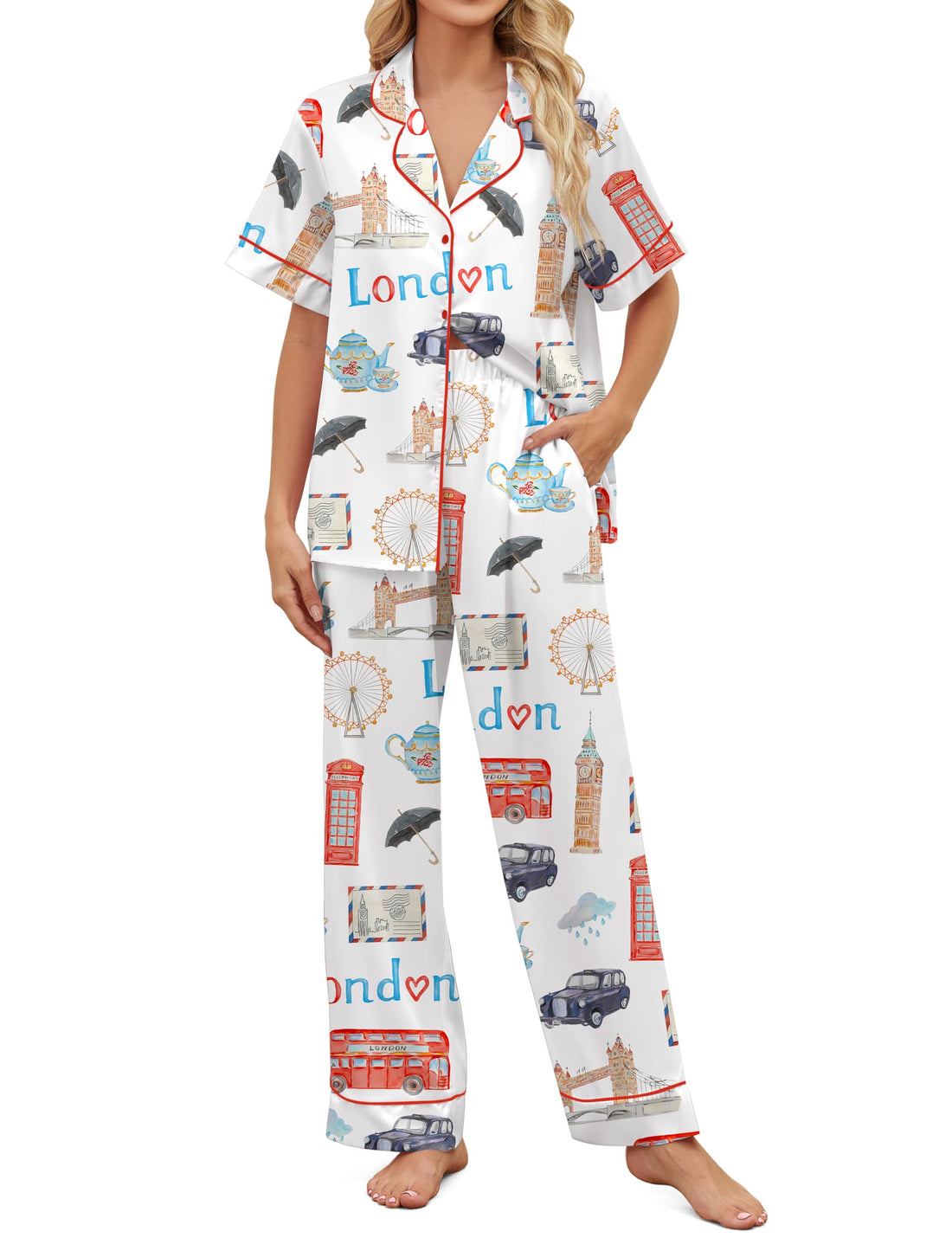 SHESHOW Satin Pajamas for Women Set Button Down Sleepwear Print Pjs Set 2 Piece Short Sleeve Long Loungewear Size XS-XXL WEBE CLOTHING