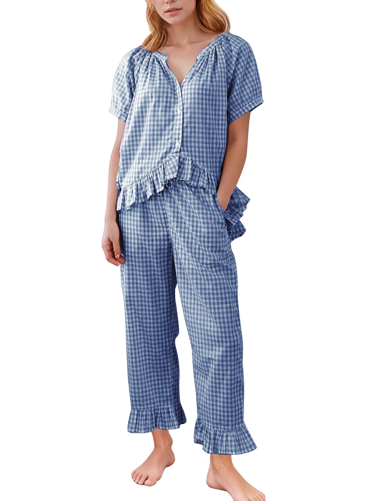 Flygo Womens Plaid 2 Piece Pajamas Sets Gingham Button Down Puff Sleeve Babydoll Shirt Ruffle Pants Y2K Pjs Lounge Set WEBE CLOTHING