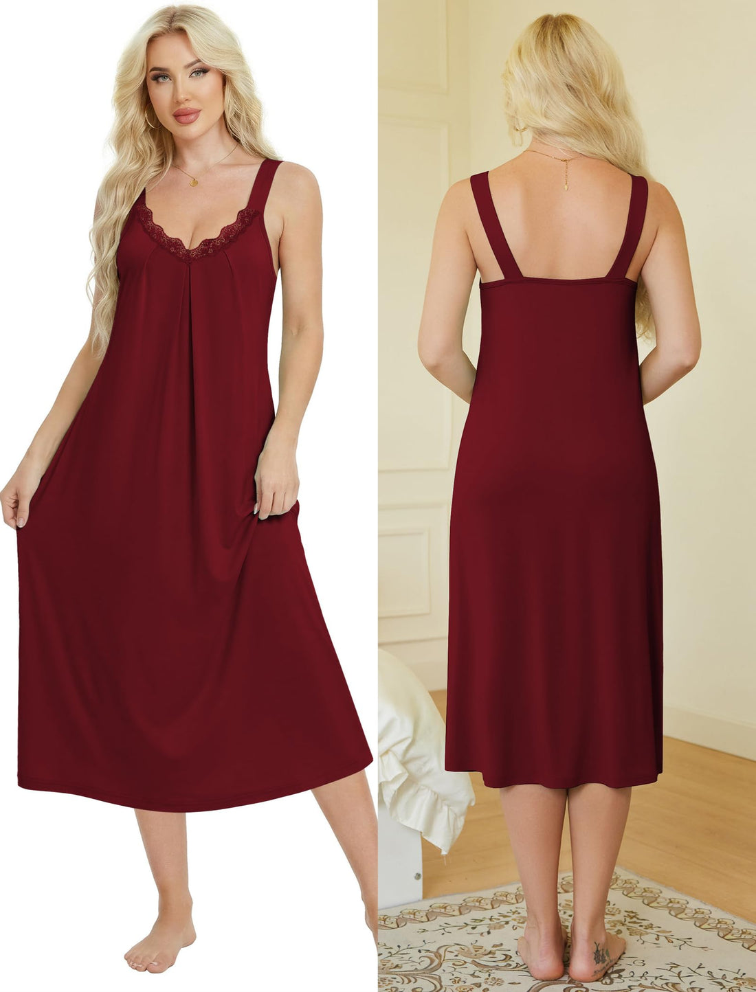 Ekouaer Sleeveless Nightgowns for Women Lace V-neck Long Nightdress Wide Strap Sleepwear Soft Lounge Dresses WEBE CLOTHING