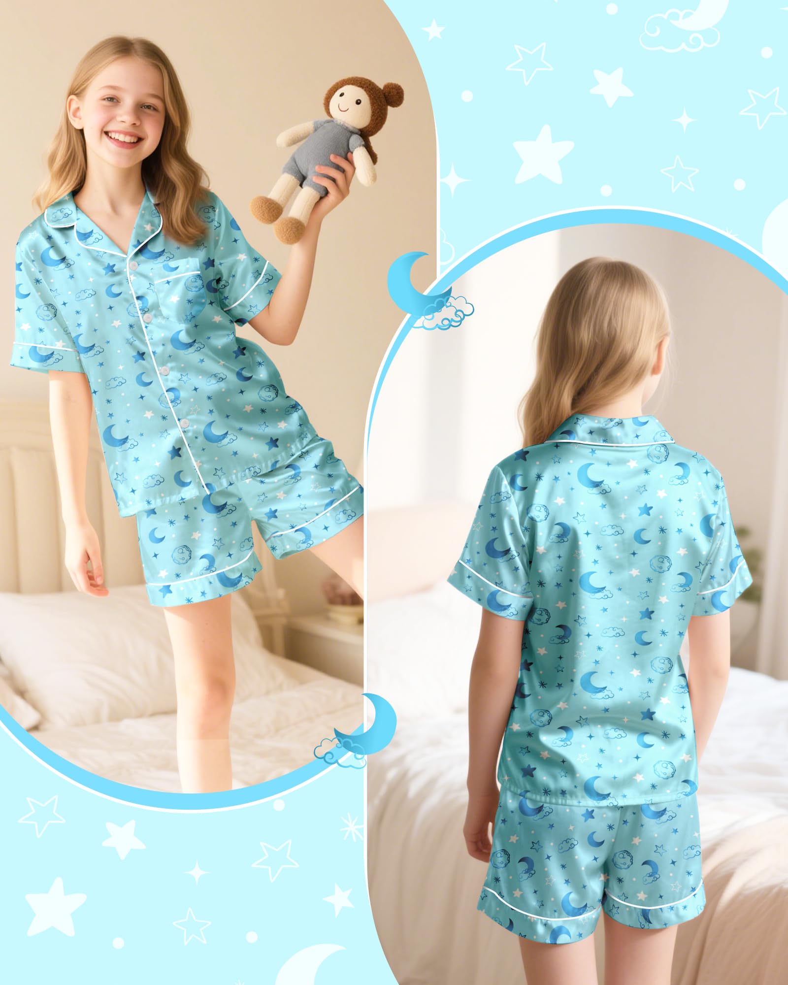 Sylfairy Girls Pajamas Silk PJS Set Pink Bow Satin Sleepwear Short Sleeve Jammies for Kids Button-Down Nightwear size 7-14