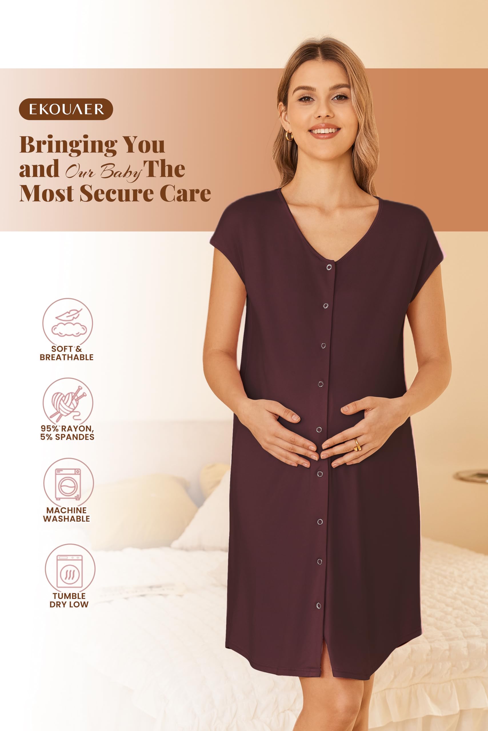Ekouaer Labor and Delivery Gown for Hospital Birthing Gown Nursing Dress | Open Back Birthing Gown, Maternity Nursing Pajamas Dress Breastfeeding, Button C Section Postpartum Clothes