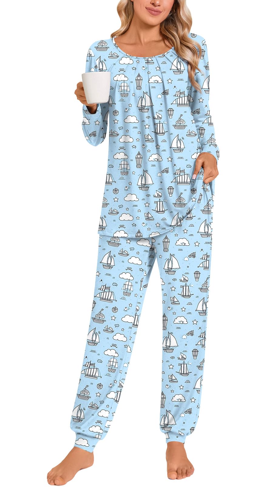 Anymeet Womens Pajama Sets Fall Winter Long Sleeve 2 Piece Sleepwear Soft Lounge Outfits with Pockets