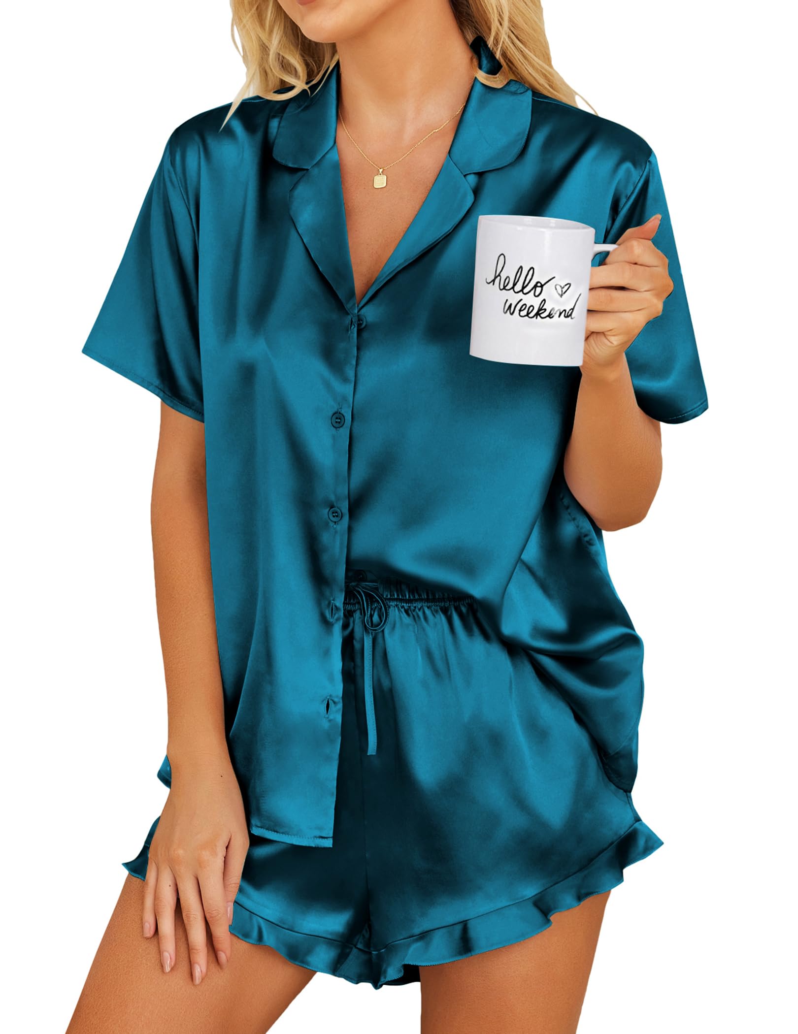 Ekouaer Womens Satin Pajamas Set Button Down 2 Piece Silk Pjs Shorts Set Ruffle Lingerie Notch Collar Sleepwear