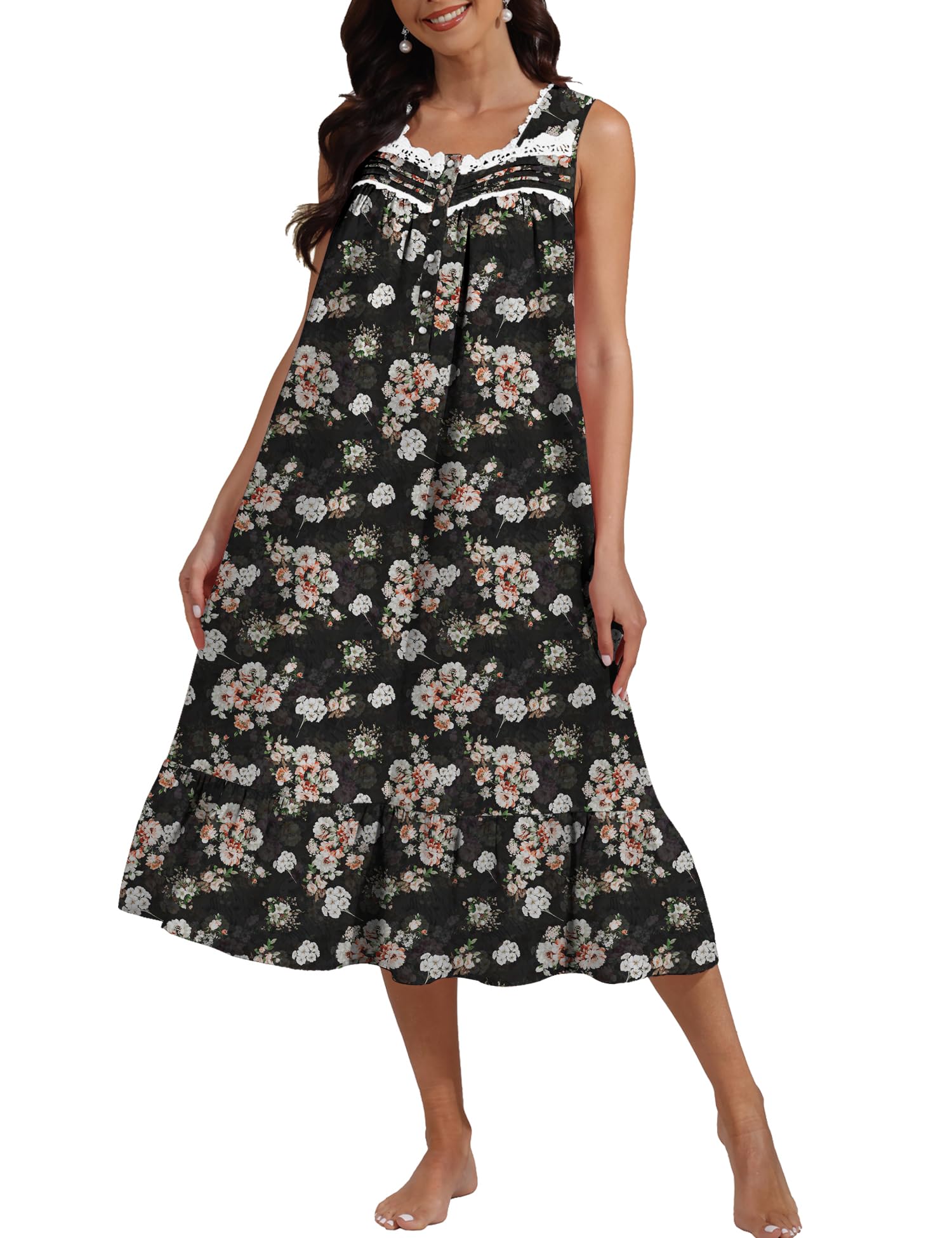 100% Cotton Floral Pearl Snap Nightgown for Women Sleeveless Victorian Sleep Dress Cotton Nightgowns with Pockets WEBE CLOTHING