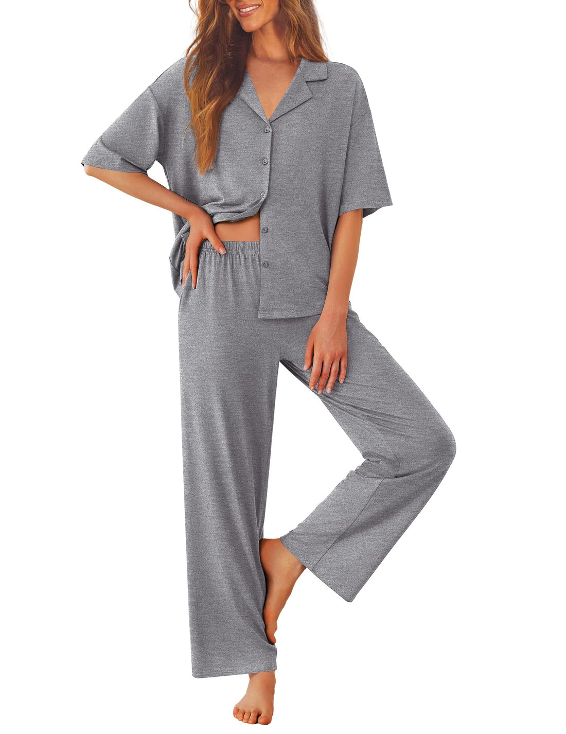 Ekouaer Women Pajamas Set Button Down Sleepwear Short Sleeve Pjs Soft Comfy Nightwear with Long Pants S-XXL