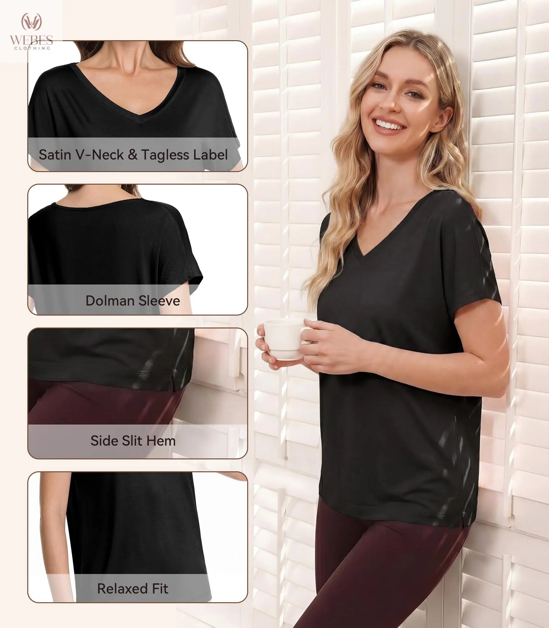 WiWi Bamboo Viscose Shirts for Women, Super Soft Short Sleeve Sleep Pajama Tops, Cooling Satin V Neck Summer Lounge Wear