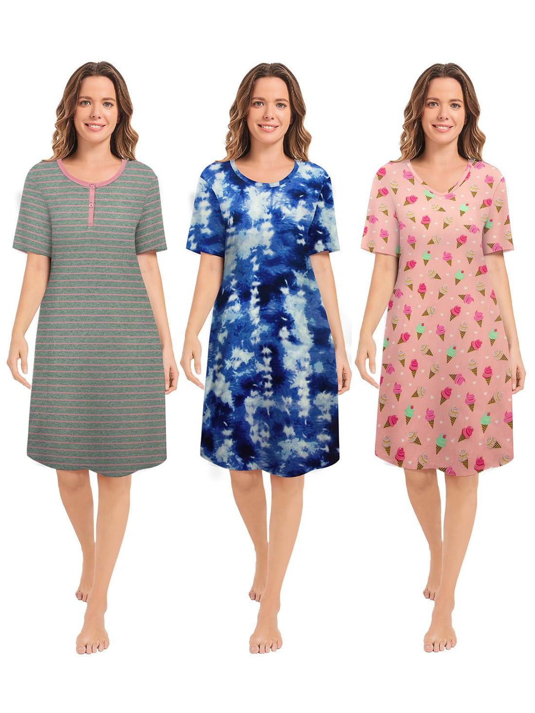 3 Pack Nightgowns for Women Short Sleeve Night Gown Soft Sleep Shirts Women's Sleepwear Print Sleep Dress WEBE CLOTHING