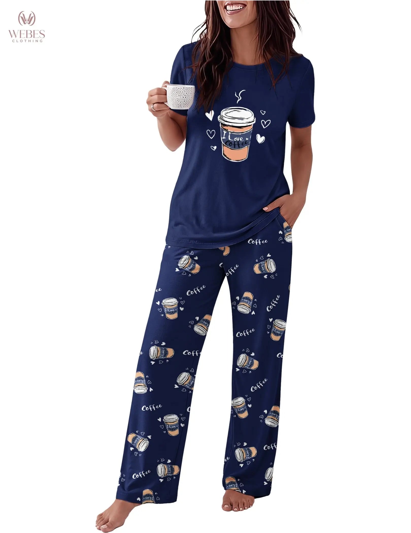 Ekouaer Pajama Set for Women 2 Piece Pjs Short Sleeve Top and Printed Pants | Womens Round Neck Lounge Sets Short Sleeve Sleepwear with Loose Pants for Daily Wear, Home Lounging, Casual Errands WEBE CLOTHING