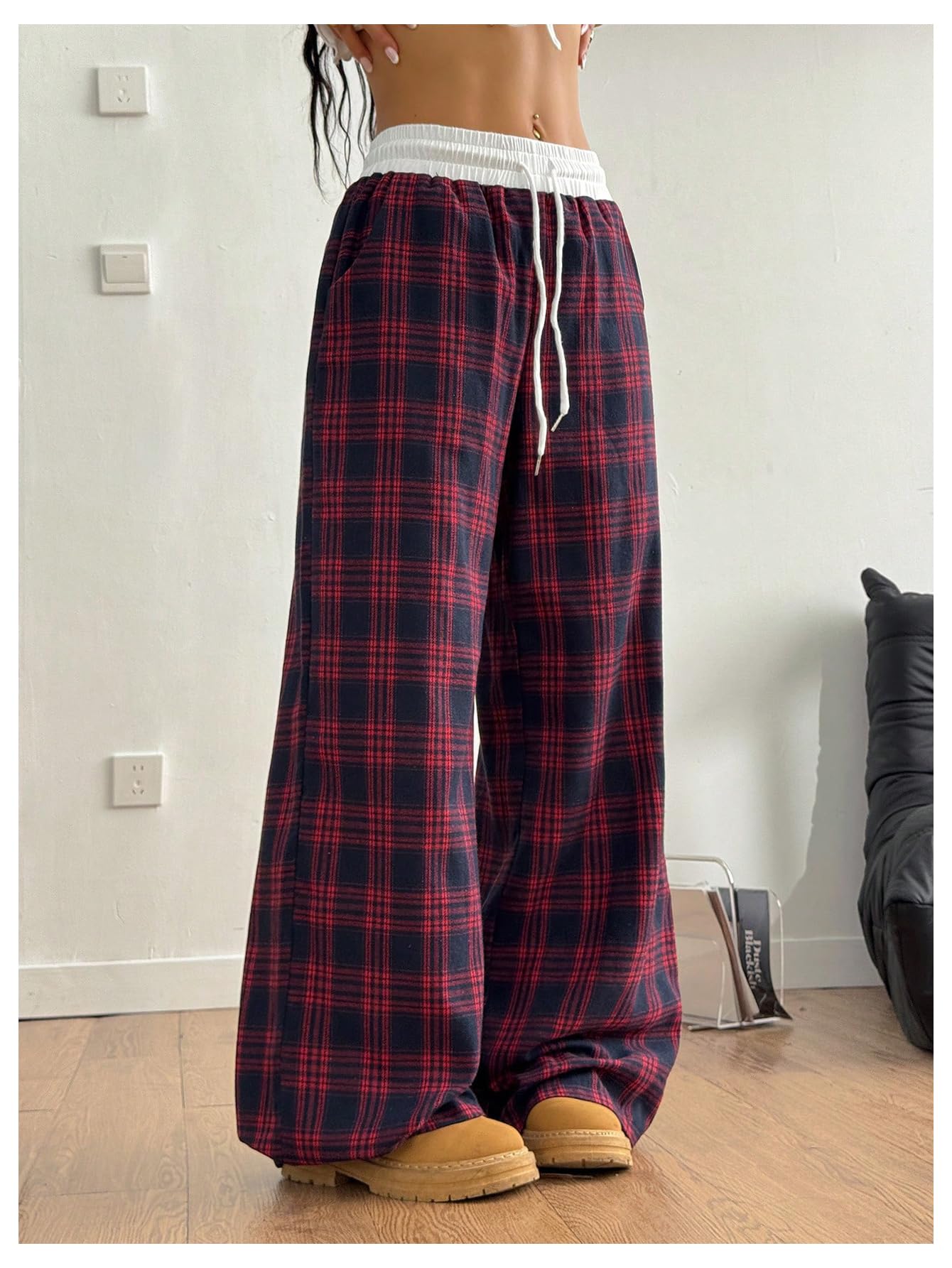SOLY HUX Women's Plaid Checkered Pants Flannel Pajama Pants Lounge Wide Leg Baggy Sweatpants with Pockets