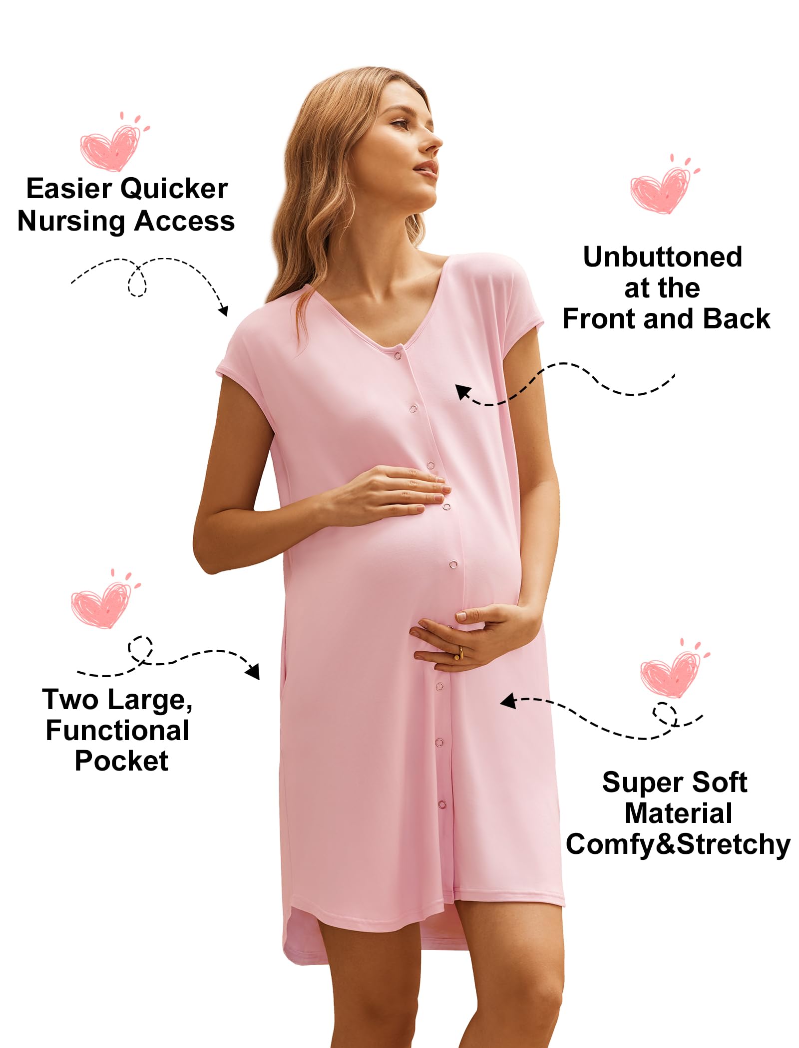 Ekouaer Labor and Delivery Gown for Hospital Birthing Gown Nursing Dress | Open Back Birthing Gown, Maternity Nursing Pajamas Dress Breastfeeding, Button C Section Postpartum Clothes