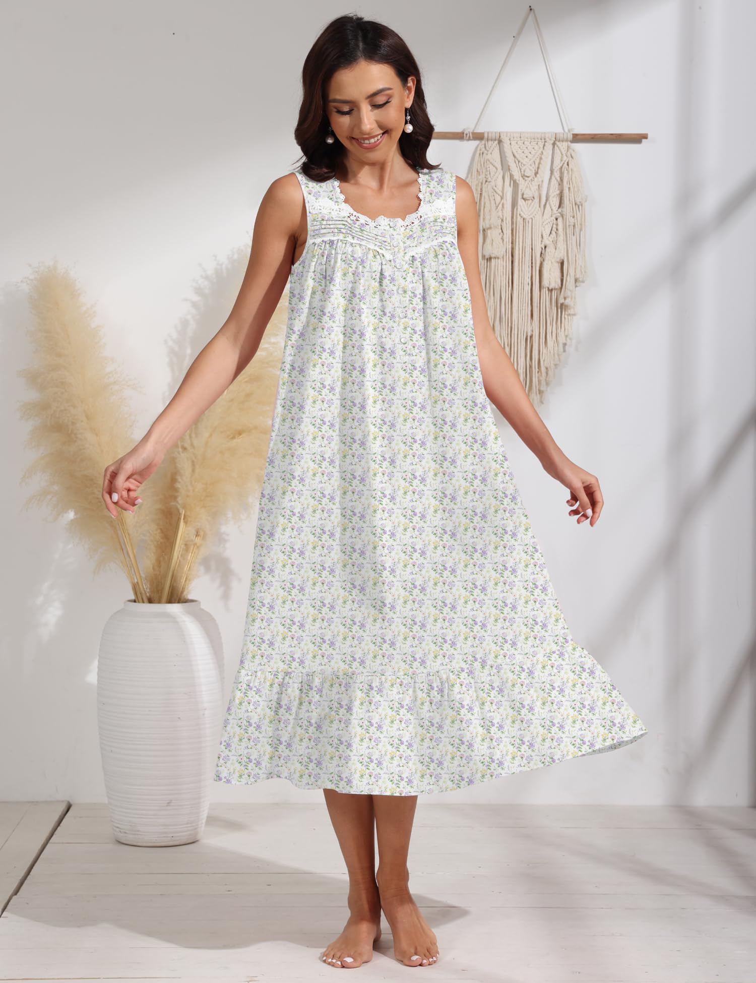 100% Cotton Floral Pearl Snap Nightgown for Women Sleeveless Victorian Sleep Dress Cotton Nightgowns with Pockets WEBE CLOTHING