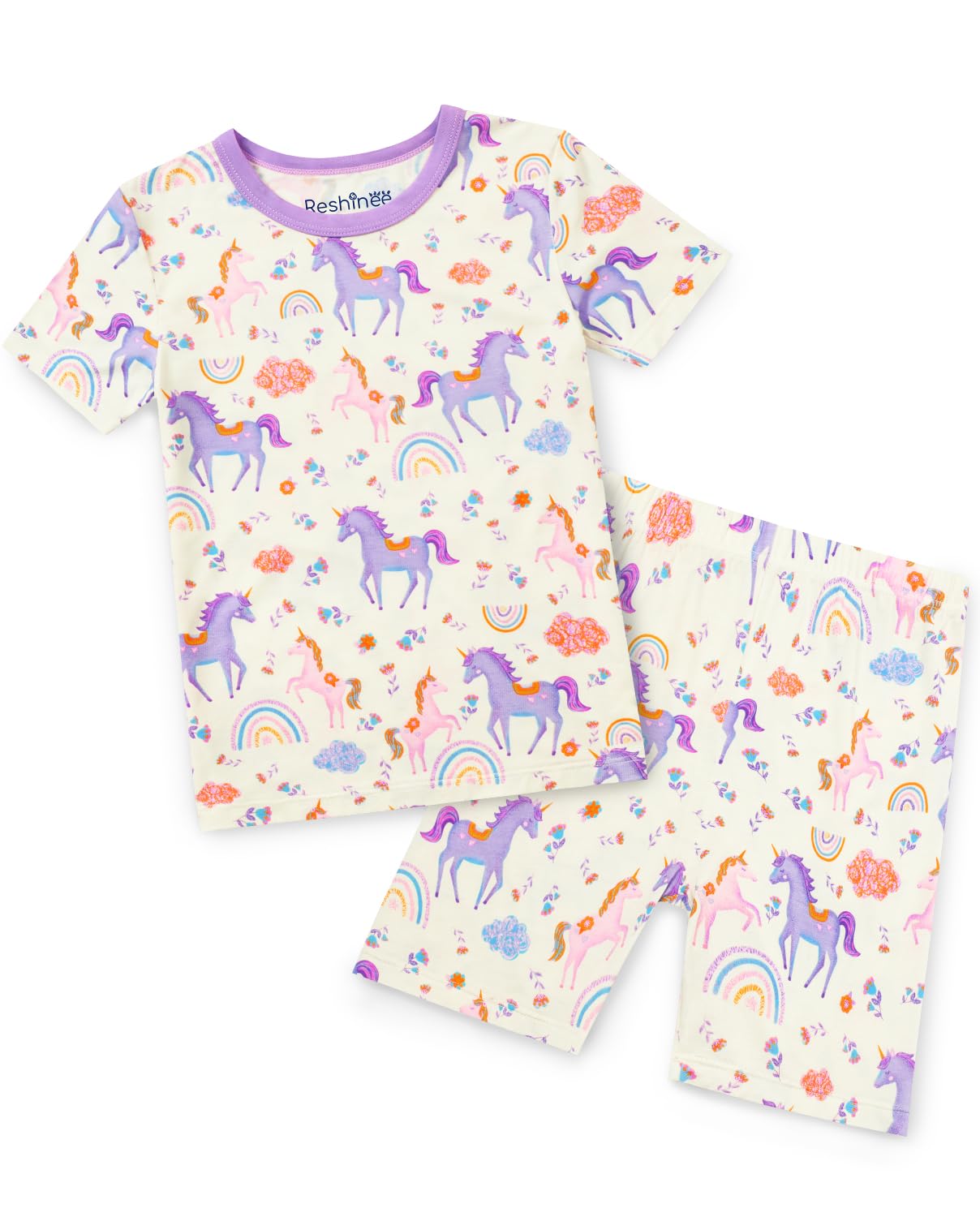 babee Reshinee Bamboo Viscose Toddler Unicorn Mermaid Girls Kids Pajamas Short Sleeve Summer Cool Snug fit Pjs, 2pcs