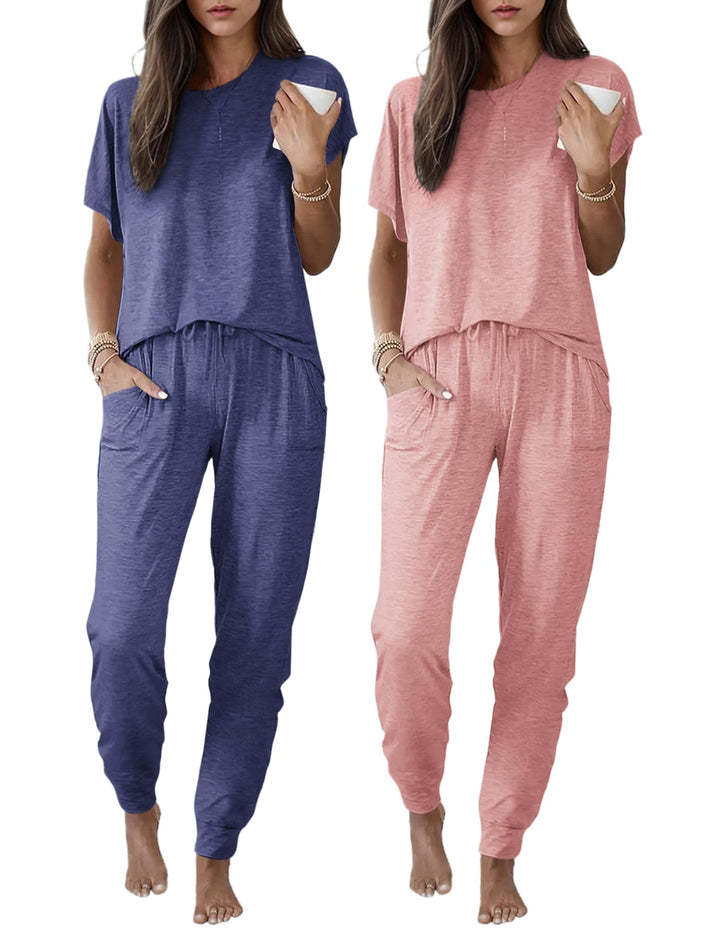 Ekouaer 2 pack Womens Pajama Short Sleeve Jogger Pants Pjs Lounge Set | Pajama Sets with Pockets Comfy Sleepwear for Daily Wear, Sleep, Home, Sport, Workout WEBE CLOTHING
