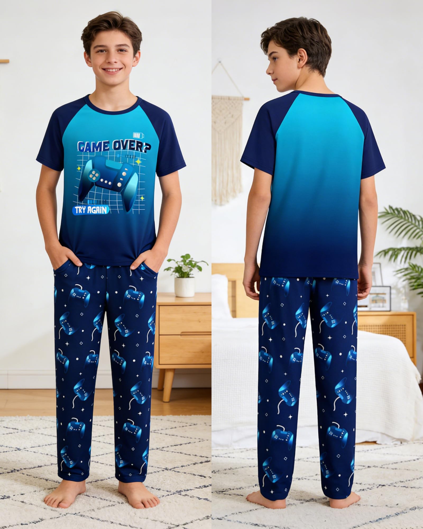Fiodrimy Boys Pajamas Little Big Boys Short Sleeves and Pants Pajamas 2-Piece Pjs Set Kids Sleepwear Size 8-14
