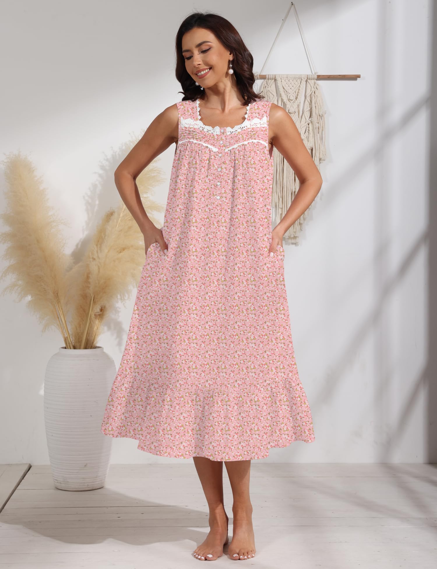 100% Cotton Floral Pearl Snap Nightgown for Women Sleeveless Victorian Sleep Dress Cotton Nightgowns with Pockets WEBE CLOTHING