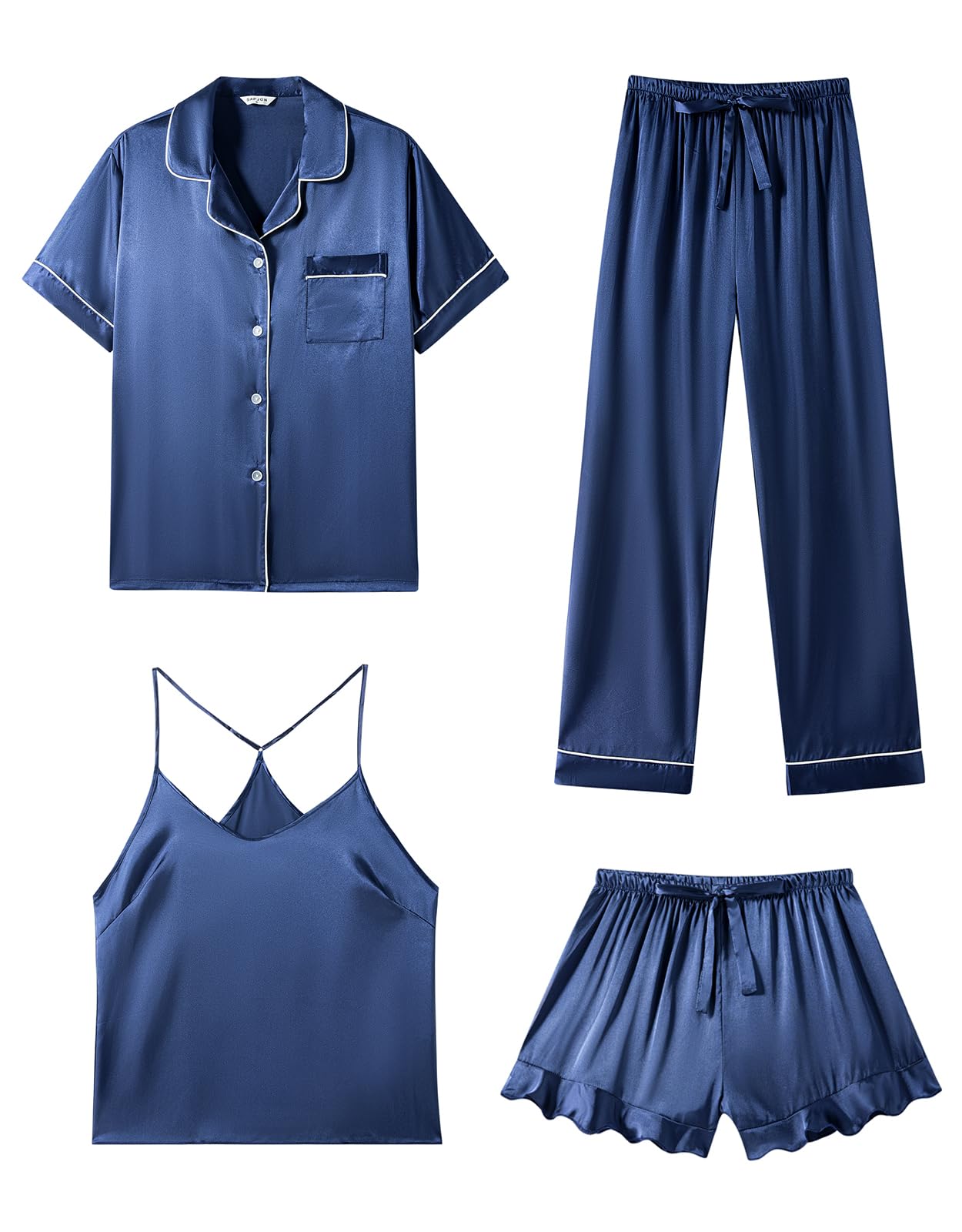 SAPJON Silk Pajamas for Women Set 4Pcs Ruffled Satin Pajamas Set Button Down Short Sleeve Cami Shorts Sleepwear Pj Set