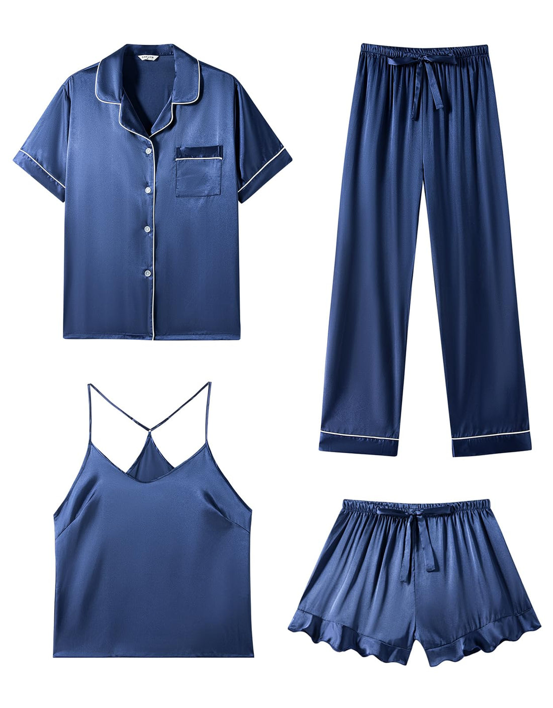 SAPJON Silk Pajamas for Women Set 4Pcs Ruffled Satin Pajamas Set Button Down Short Sleeve Cami Shorts Sleepwear Pj Set