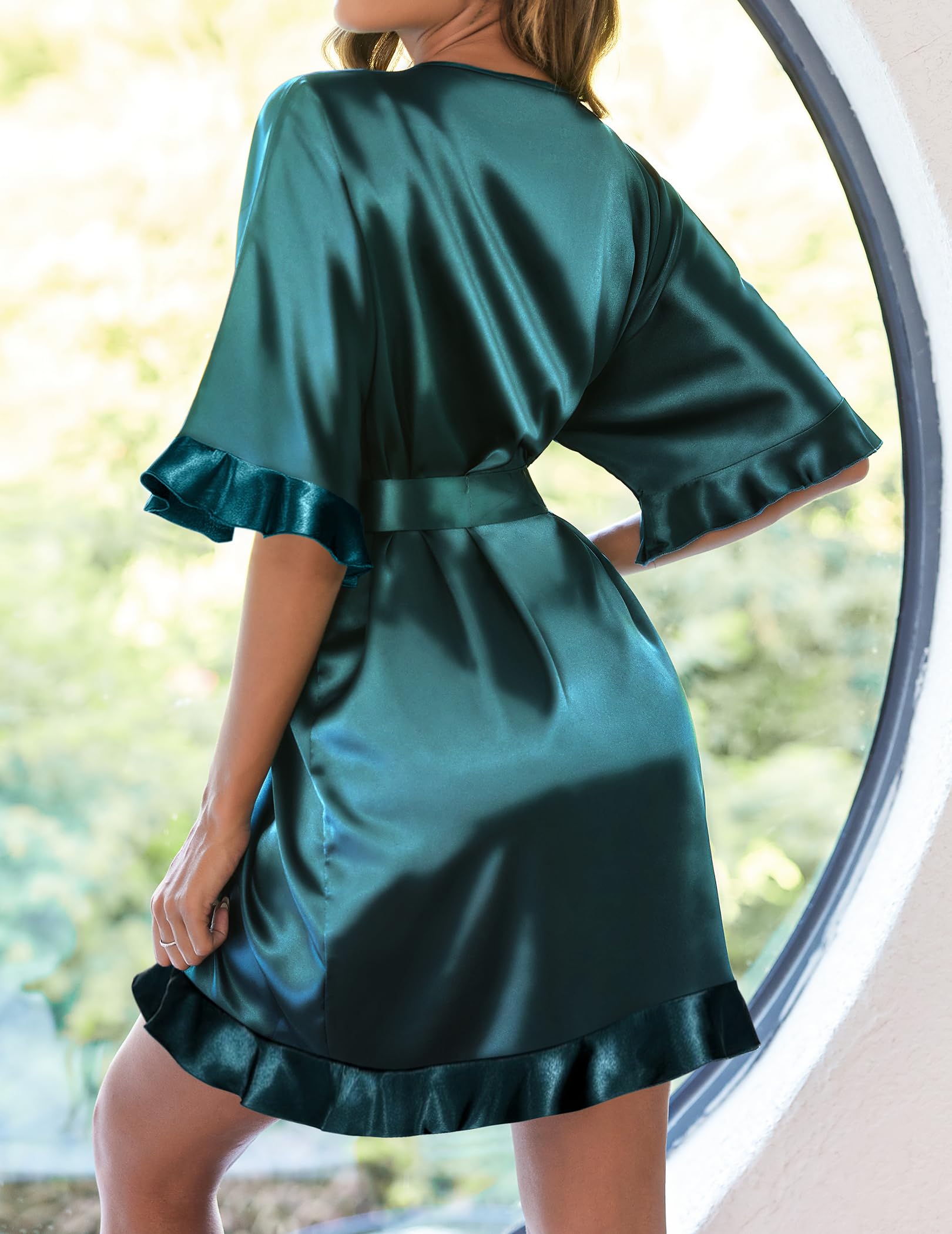 Ekouaer Womens Silk Robe Short Satin Kimono Bathrobe Bridesmaid Sleepwear | Half Sleeve, Ruffle, Comfy, Wedding Party Dressing Gown, Tabove-knee-length WEBE CLOTHING