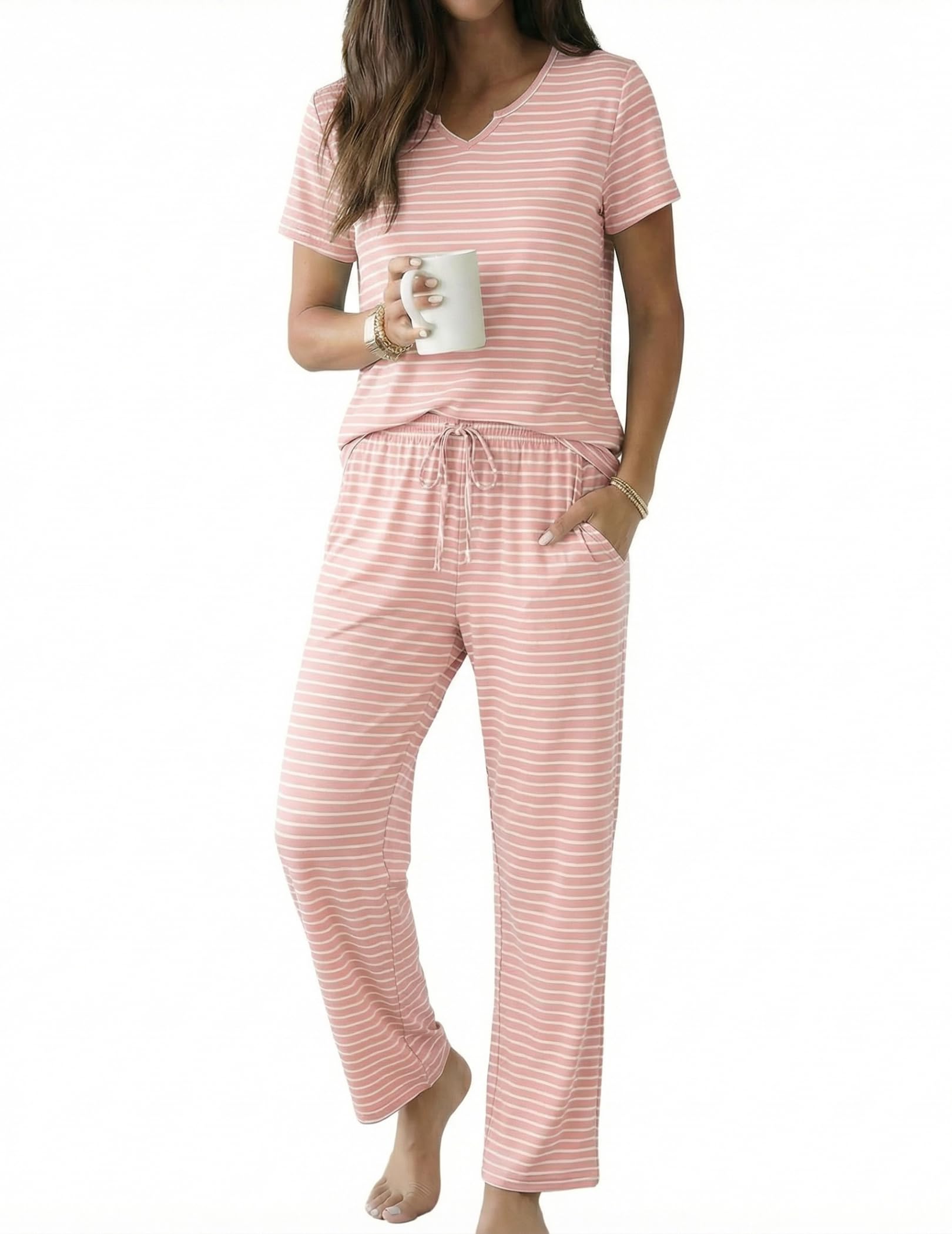 Ekouaer 2 Piece Womens Pajamas Short Sleeve Top and Long Pants Pjs Set Printed Sleepwear with Pocket WEBE CLOTHING