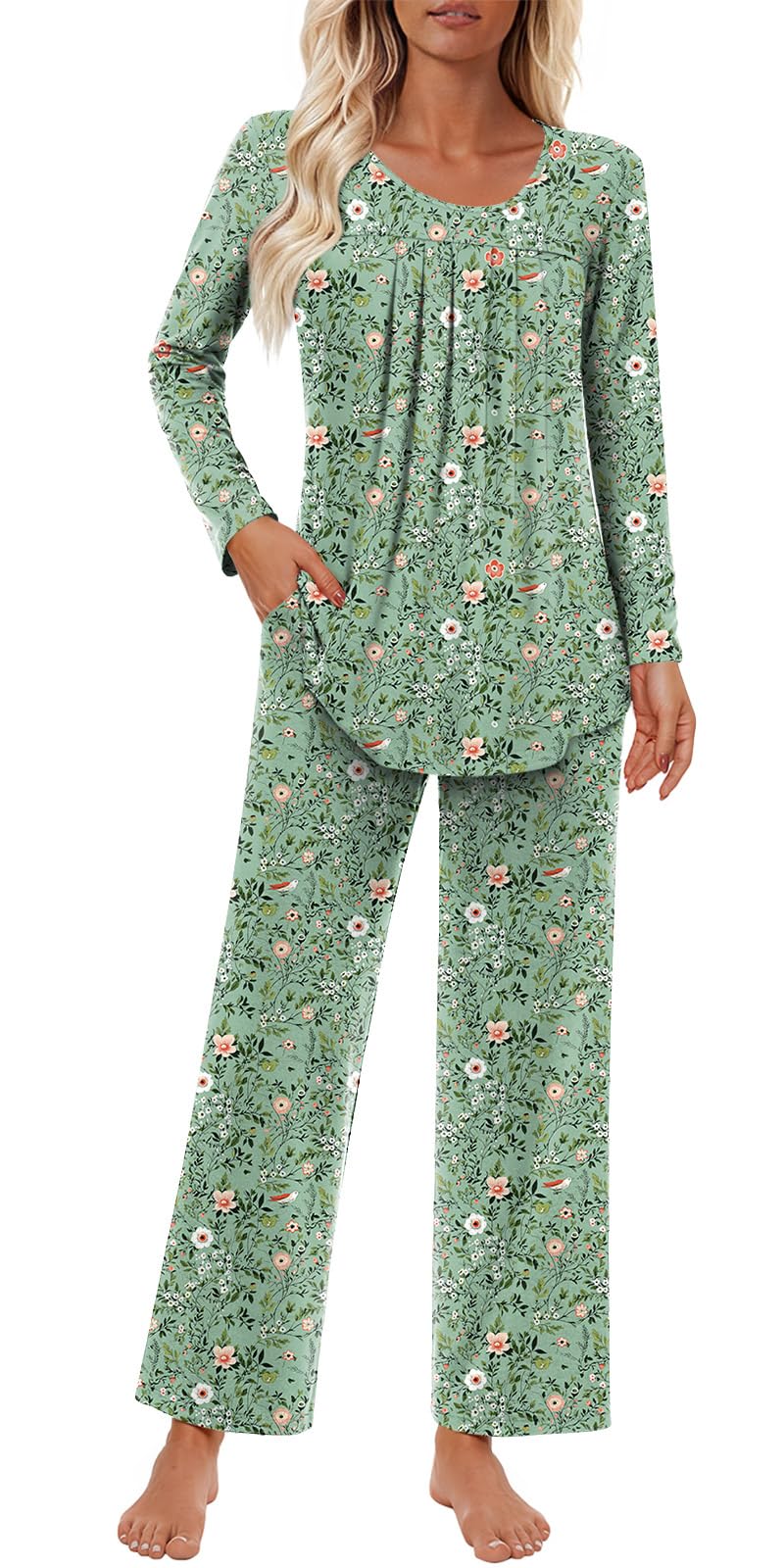 Findsweet Women's Pajama Set 2 Piece Lounge Outfits Soft Sleepwear Fall Long Sleeve Long Pant With Pockets Ladies Pjs S-3XL