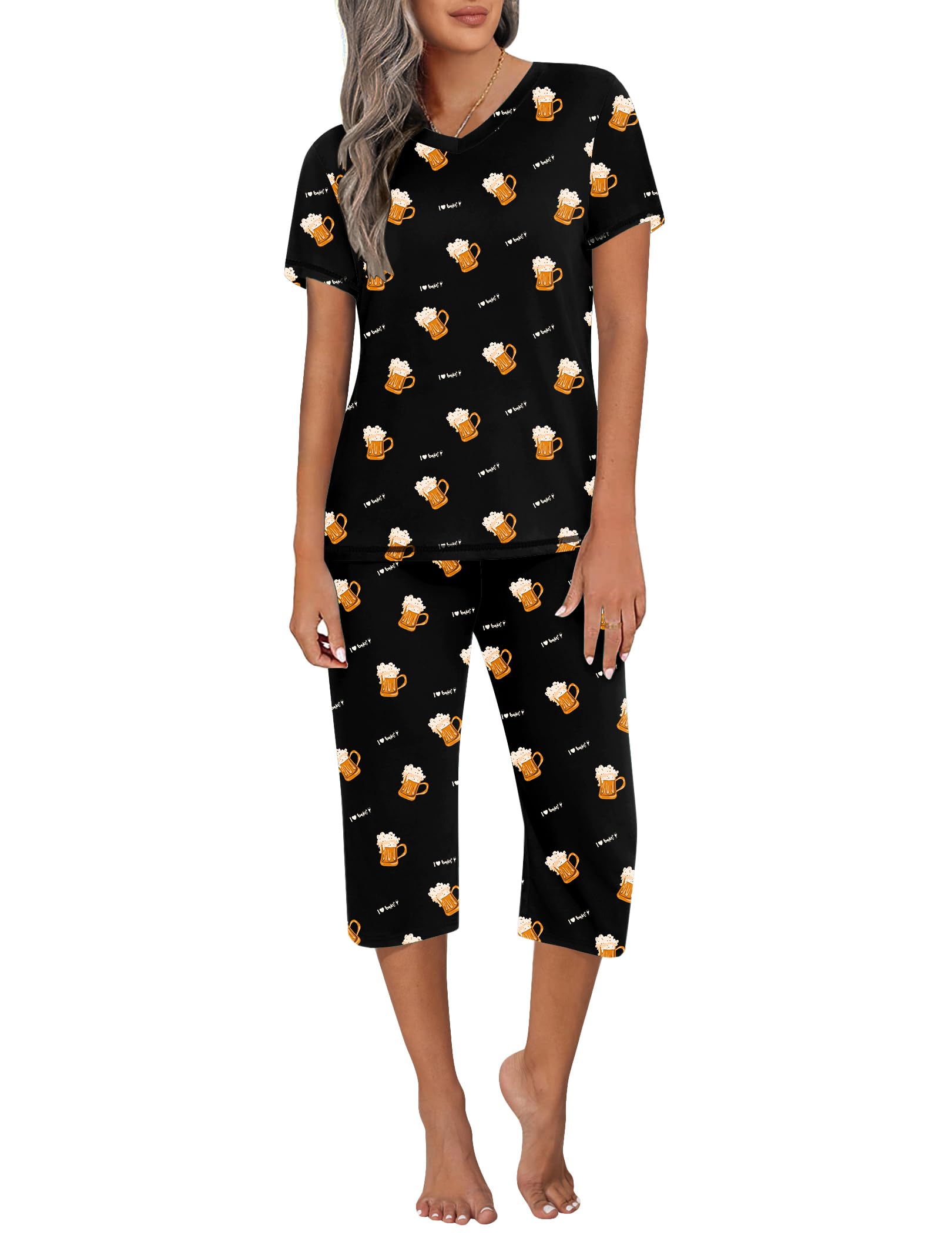 Ekouaer Women's Sleepwear Capri Pajama Sets Short Sleeve Two-Piece Pjs V Neck Tops & Capri Pants with Pockets S-3XL