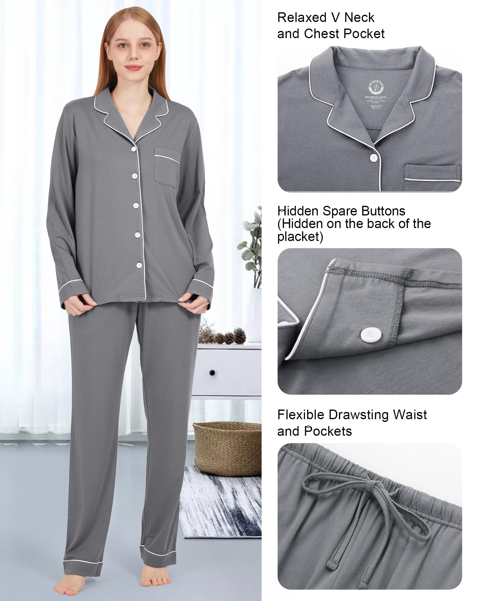 BAMBOO COOL Pajamas Set for Women Comfy Lounge Set Button Down Sleepwear Long Sleeve Pj Set
