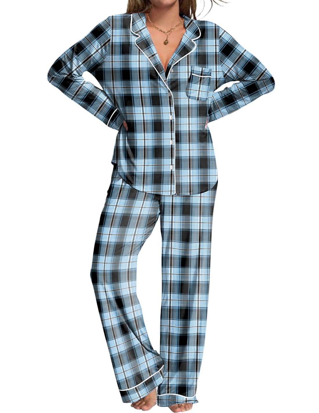 Ekouaer Womens Pajamas Set 2 Piece Button Down Pjs Soft Long Sleeve Top and Pants Sleepwear Set Lounge Sets