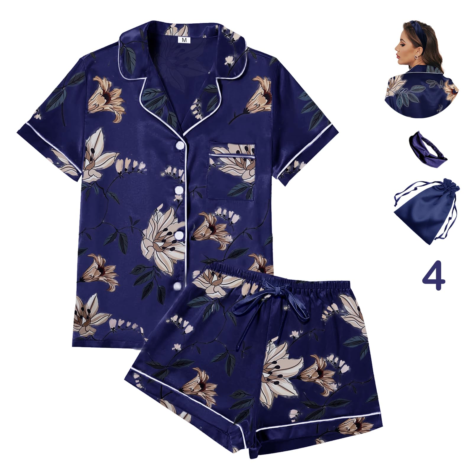 WJing Yi Jia 4Pcs Womens Satin Silky Pajama Sets Short Sleeve Shirt XS-4XL Floral Pajamas Set Soft PJ Loungewear Sleepwear