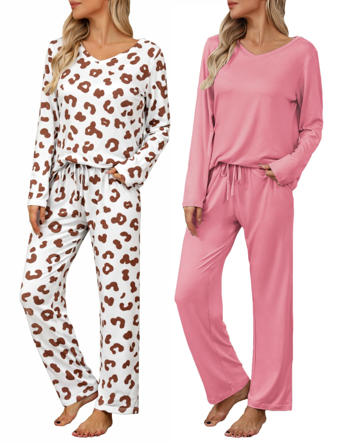 Ekouaer Womens 2 Pack Pajama Set Long Sleeve Pajamas Top and Pants V Neck Pjs Set Soft Loungewear with Pockets