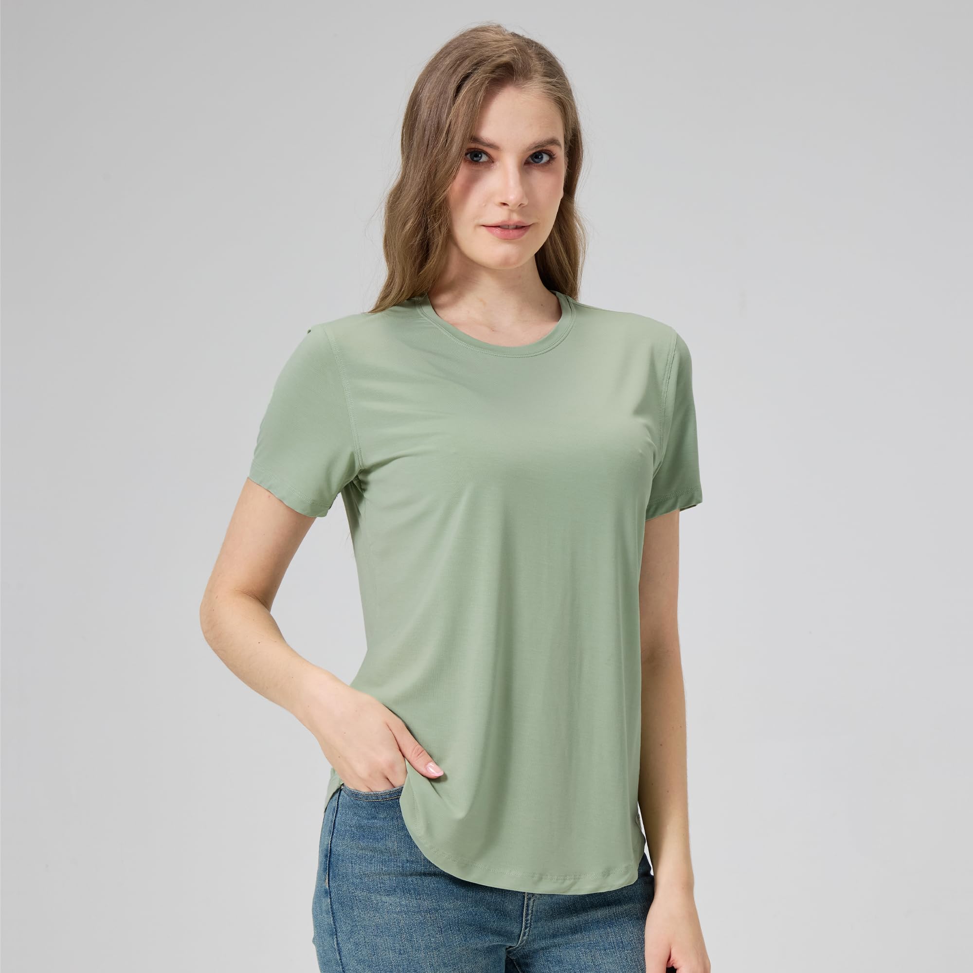 netdraw Women's Soft Bamboo Viscose T-Shirt, Curved Hem Crew Neck Short Sleeve Moisture Wicking Casual Sleep Pajama Tops