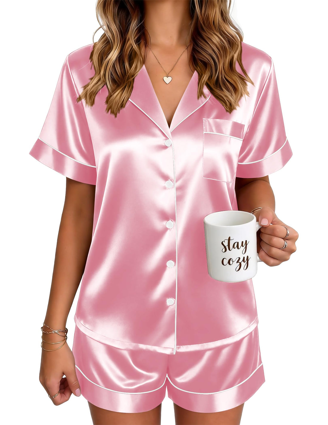 Ekouaer Satin Pajamas for Women Silk Pjs Short Set 2 Piece Button Up Lounge Sets Short Sleeve Sleepwear S-XXL