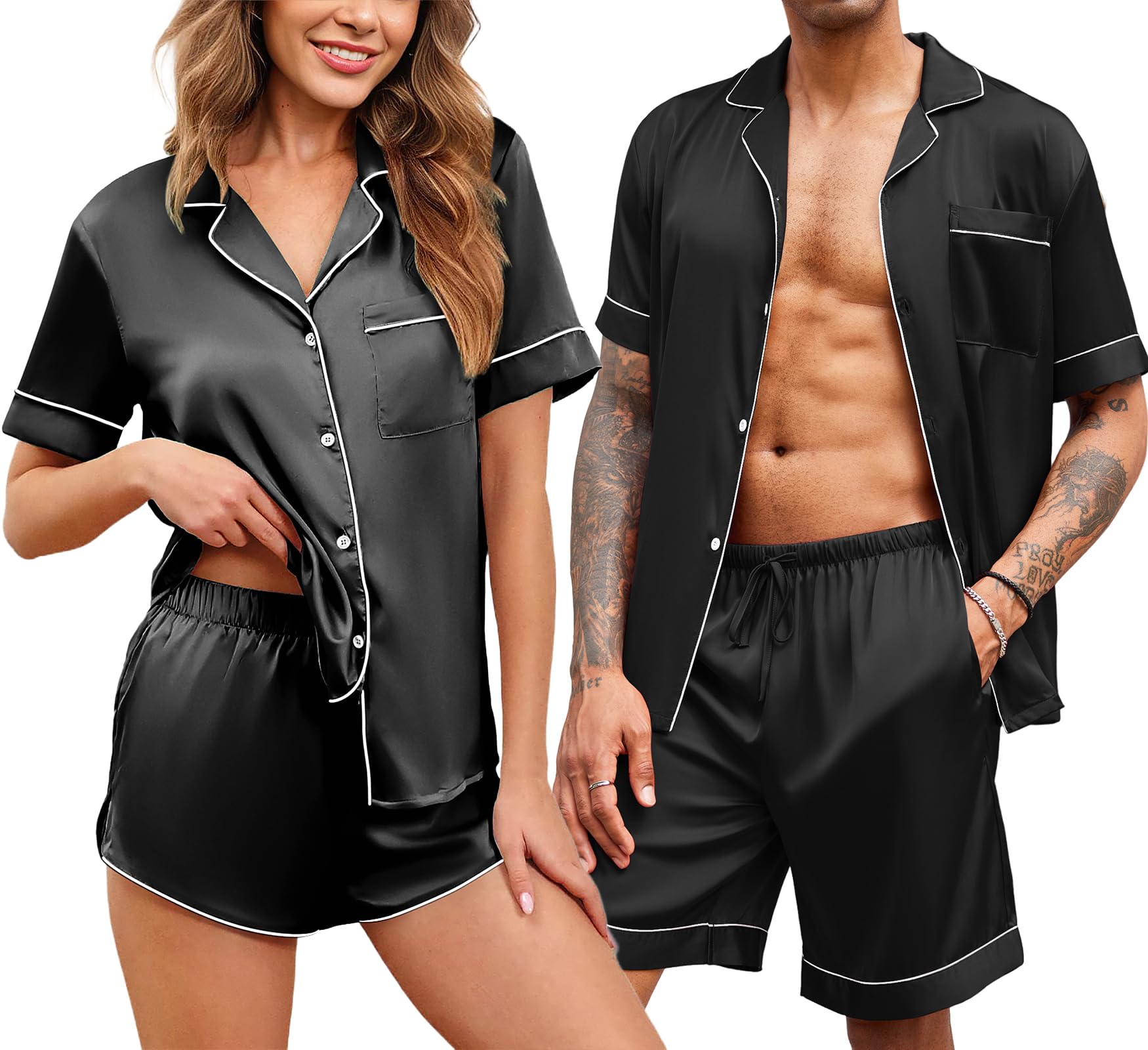 Ekouaer Silk Satin Matching Pajamas Sets Couple Button Down Nightwear Women & Men Short Sleeve Sleepwear 2 Pieces Loungewear