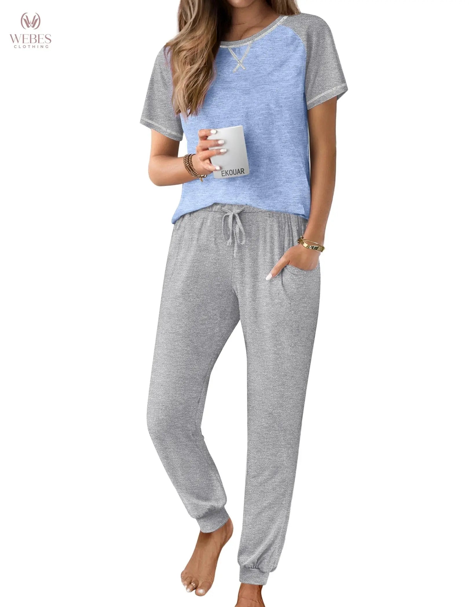 Ekouaer Pajamas for Women Set Short Sleeve PJ Set 2 Piece Jogger Pants | Soft Women Pajama Sets with Cozy Sleepwear Lounge Set Style Featuring Pockets Raglan Short Sleeve Top and Jogger Pants WEBE CLOTHING