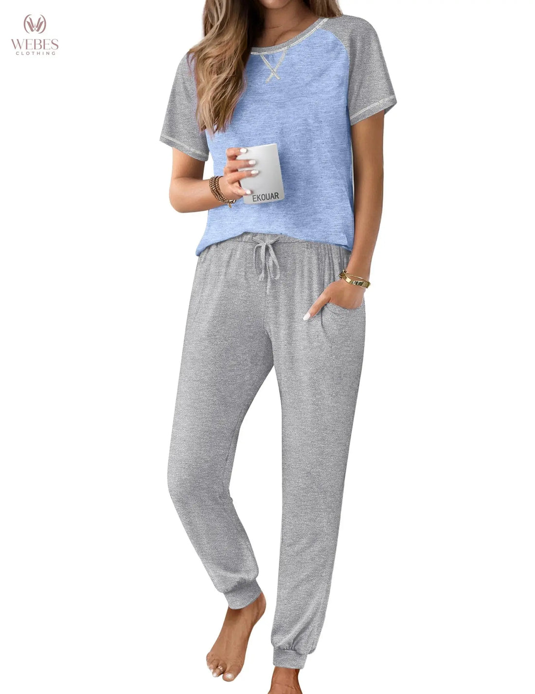 Ekouaer Pajamas for Women Set Short Sleeve PJ Set 2 Piece Jogger Pants | Soft Women Pajama Sets with Cozy Sleepwear Lounge Set Style Featuring Pockets Raglan Short Sleeve Top and Jogger Pants WEBE CLOTHING