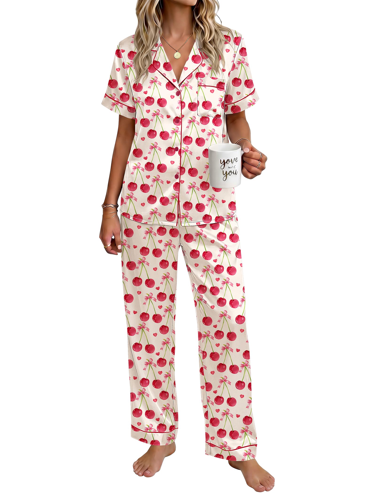 Ekouaer Womens Silky Satin Pajamas Set Short Sleeve Button Down Sleepwear 2 Piece Lounge Set Pj Set WEBE CLOTHING