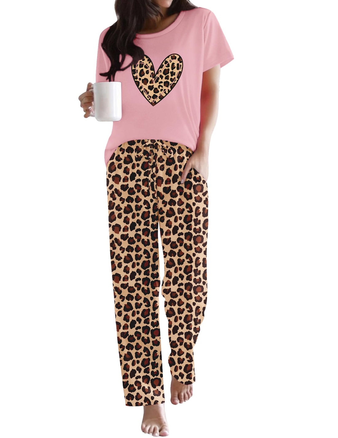 Ekouaer Pajama Sets for Women Round Neck Pjs Short Sleeve Sleepwear with Long Pants Loose Lounge Sets
