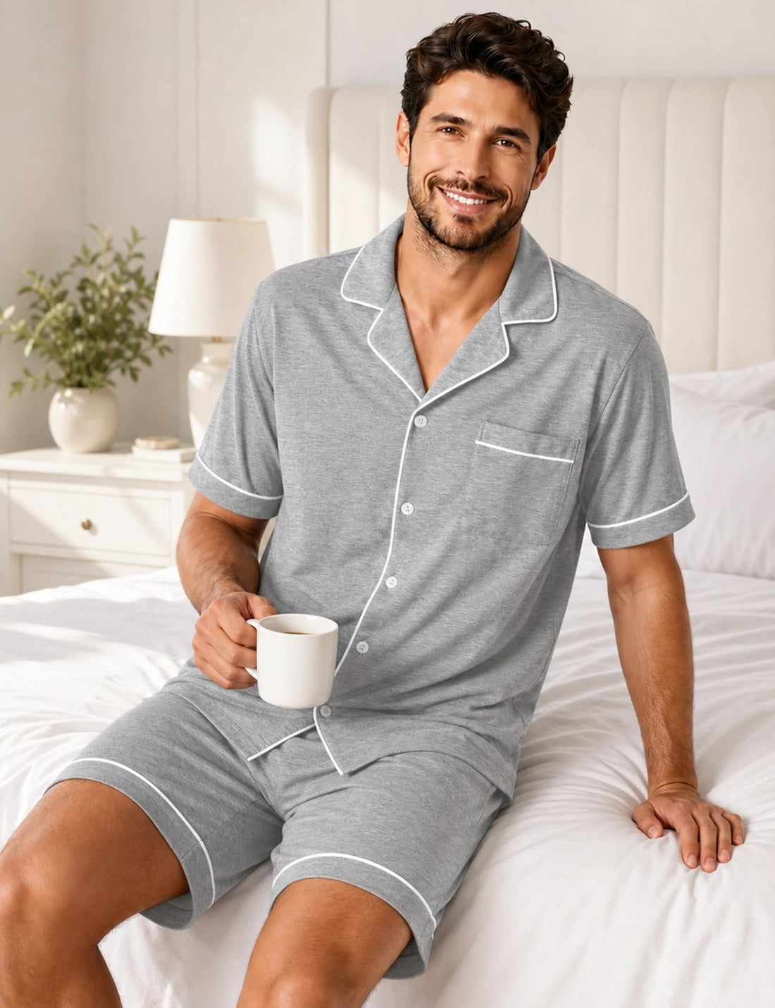 SWOMOG 100% Cotton Mens Pajama Set Short Sleeve Sleepwear Button Down Loungewear 2 PCS Cotton Pjs Set with Pockets WEBE CLOTHING