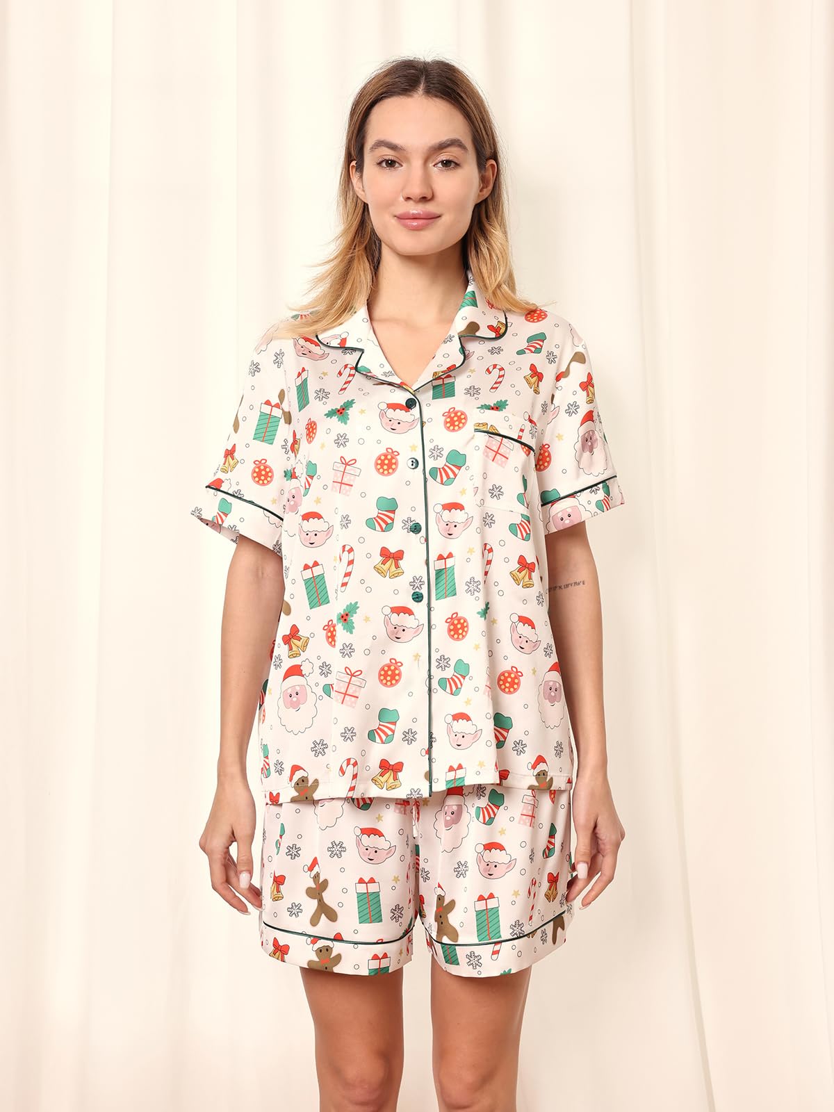 Christmas Pajamas Shorts Silk Pjs Women Satin Pajama Cute Print Tee and Shorts Gift Sleepwear 2 Pieces Loungewear