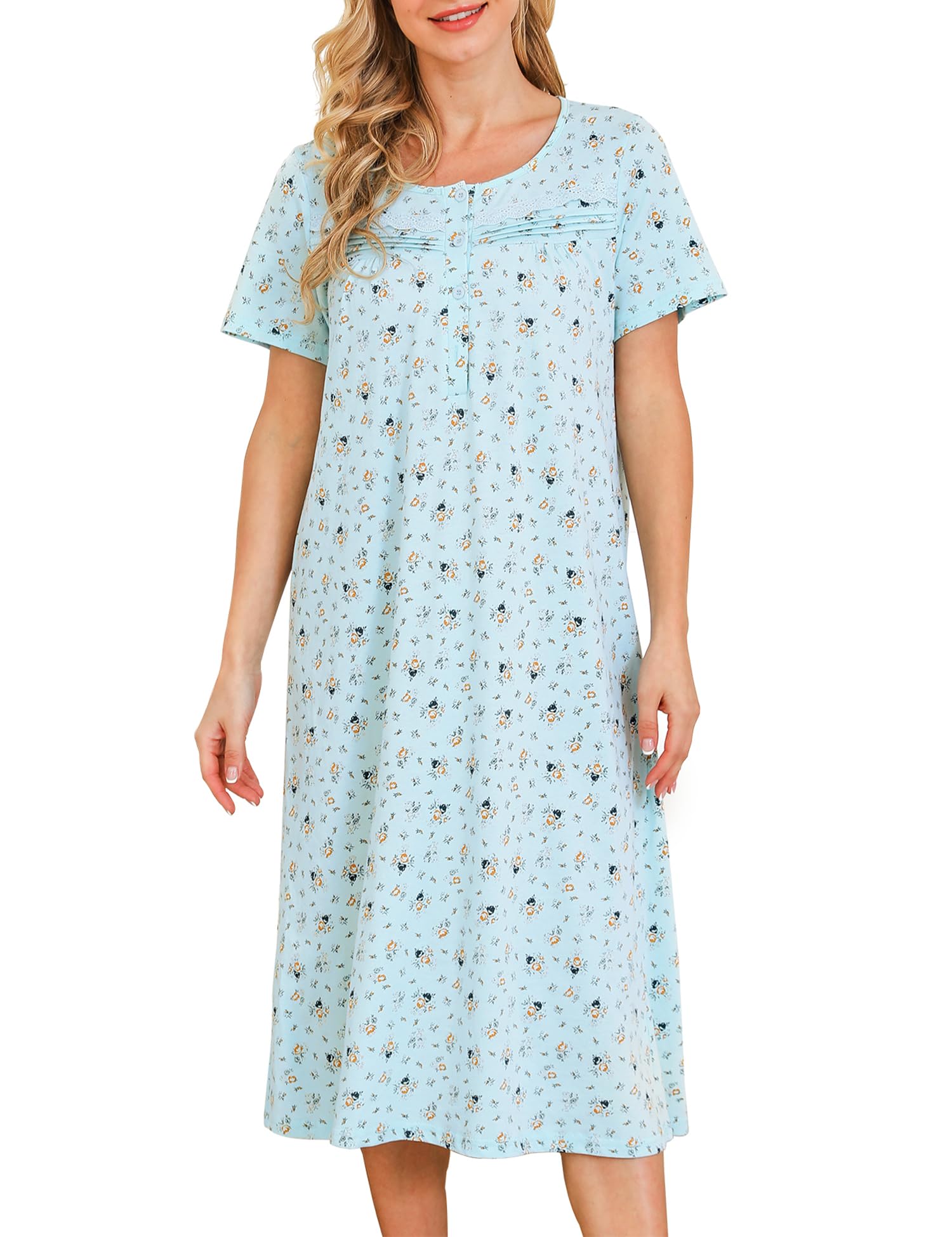 Bloggerlove Nightgowns for Women 100% Cotton Soft House Dress | 100 Full Cotton, Button Neck, Knee Length, Lace Trim Floral, Breathable, Skin-frieend, Loose Fit, Comfy Sleepwear WEBE CLOTHING