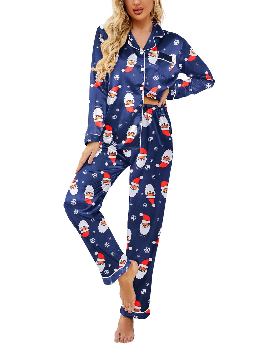 Ekouaer Womens Satin Silky Pajama Set Classic Pattern Button Down Pjs Set | Soft Fabric, Long Sleeve Notch Collar with Contrast Piping, Chest Pocket, Gifting Sleepwear WEBE CLOTHING