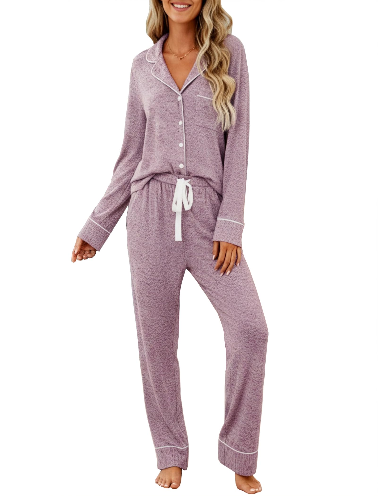 Samring Pajamas Women's Long Sleeve Sleepwear Button Down Pj Sets Soft Loungewear Pajama Set for Women S-XXL