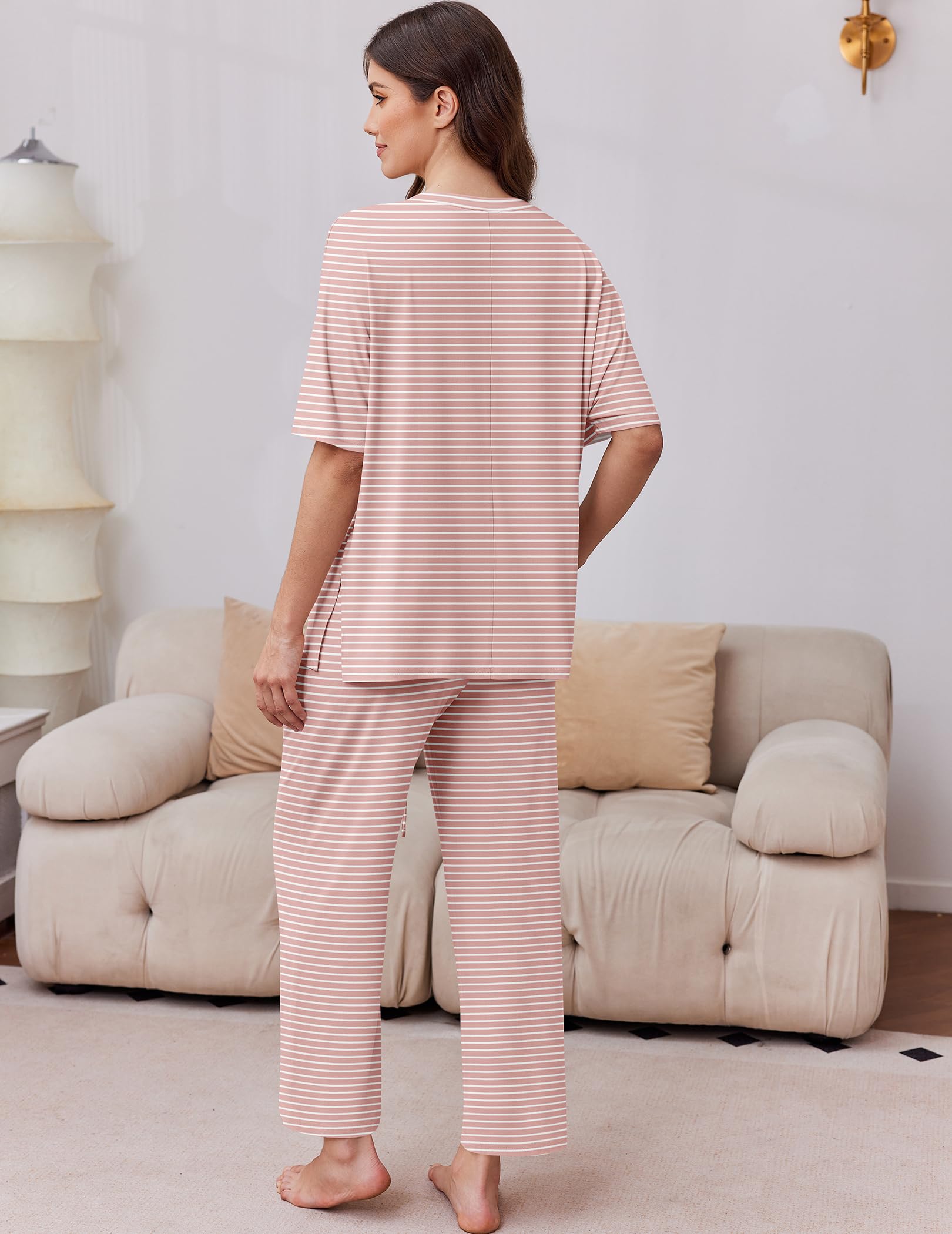 Ekouaer 2 Packs Lounge Sets for Women Short Sleeve Pajamas Set V Neck Top and Long Pants Comfy Pjs Outifts with Pockets