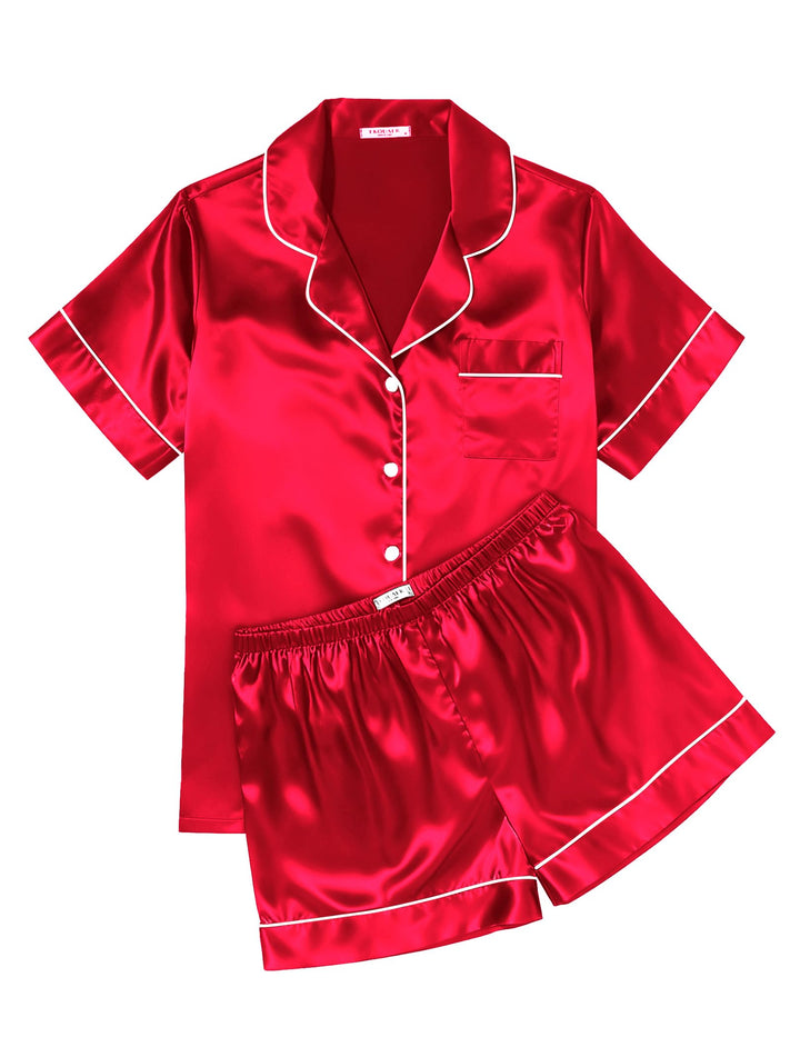 Ekouaer Womens Silk Satin Pajama Sets Soft Short Sleeve Button Down Sleepwear Top and Shorts 2 Piece Pjs Lounge Set