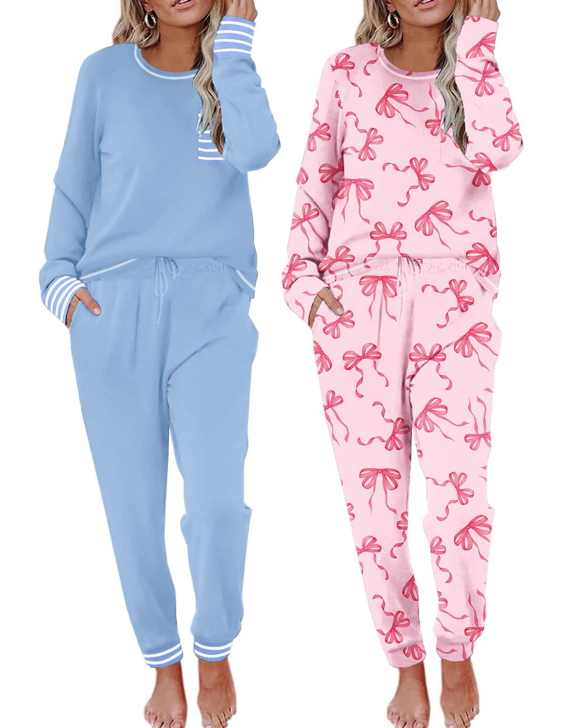 Ekouaer 2 Pack Womens Pajama Sets Long Sleeve Lounge Sets Soft Pj Sleepwear Loungewear