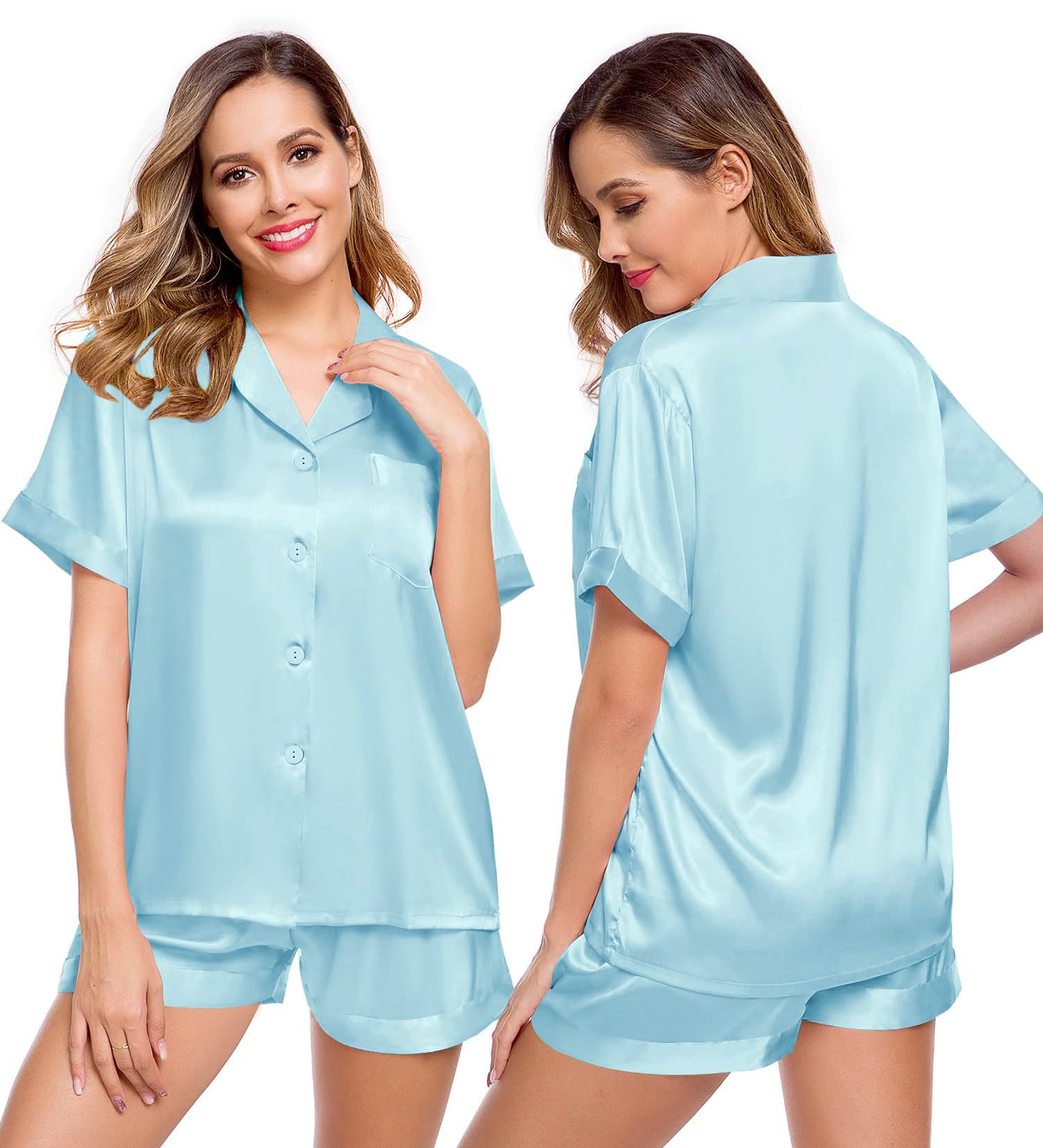 LecGee Womens Silk Satin Pajamas Short Sleeve Loungewear Two-Piece Sleepwear Button-Down Pj Set